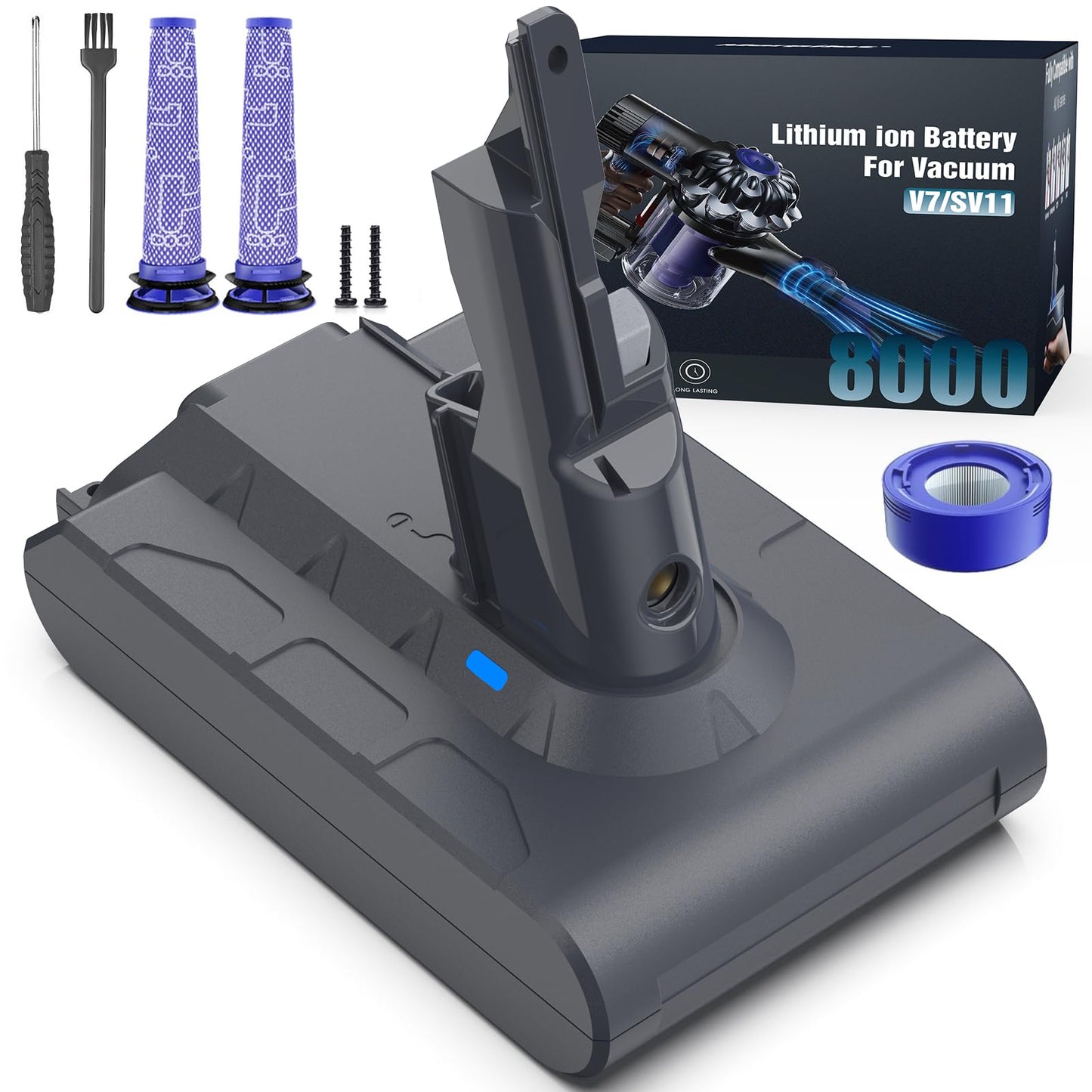 Ersatzakku für Dyson V7 Staubsauger, V7 8.0Ah + Filter