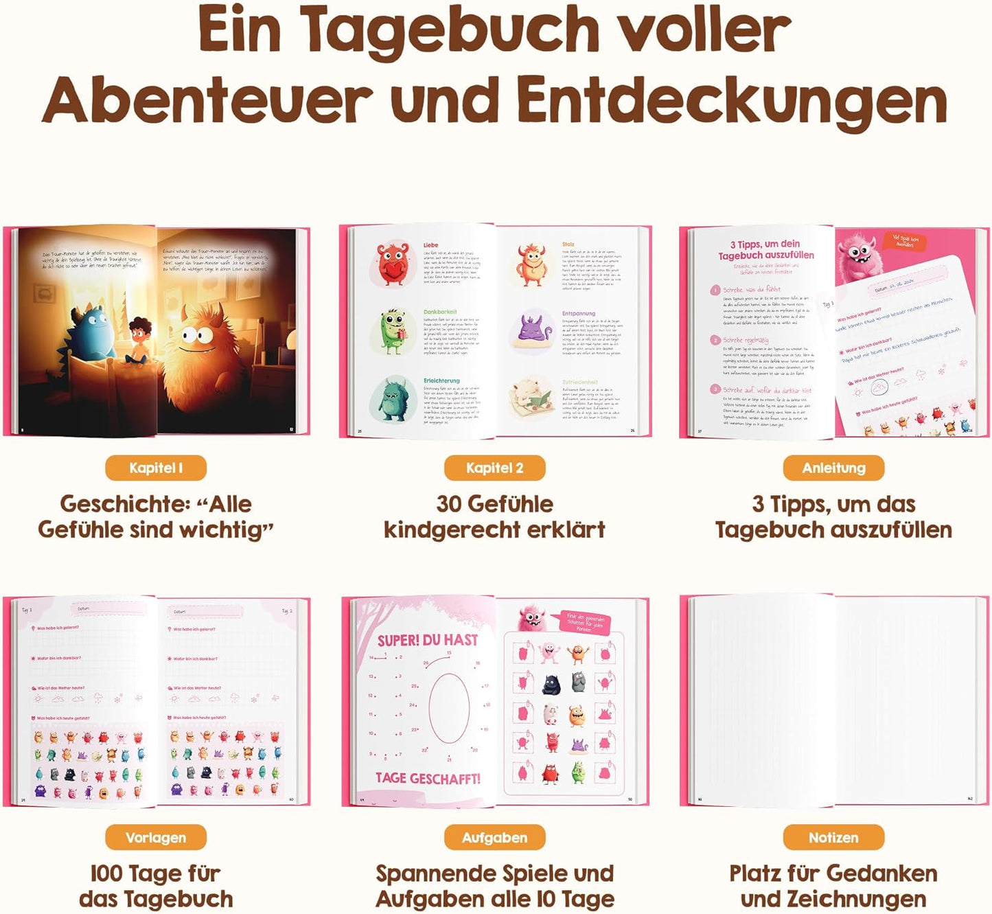 Gefühlstagebuch für Kinder mit Spielen, Pink
