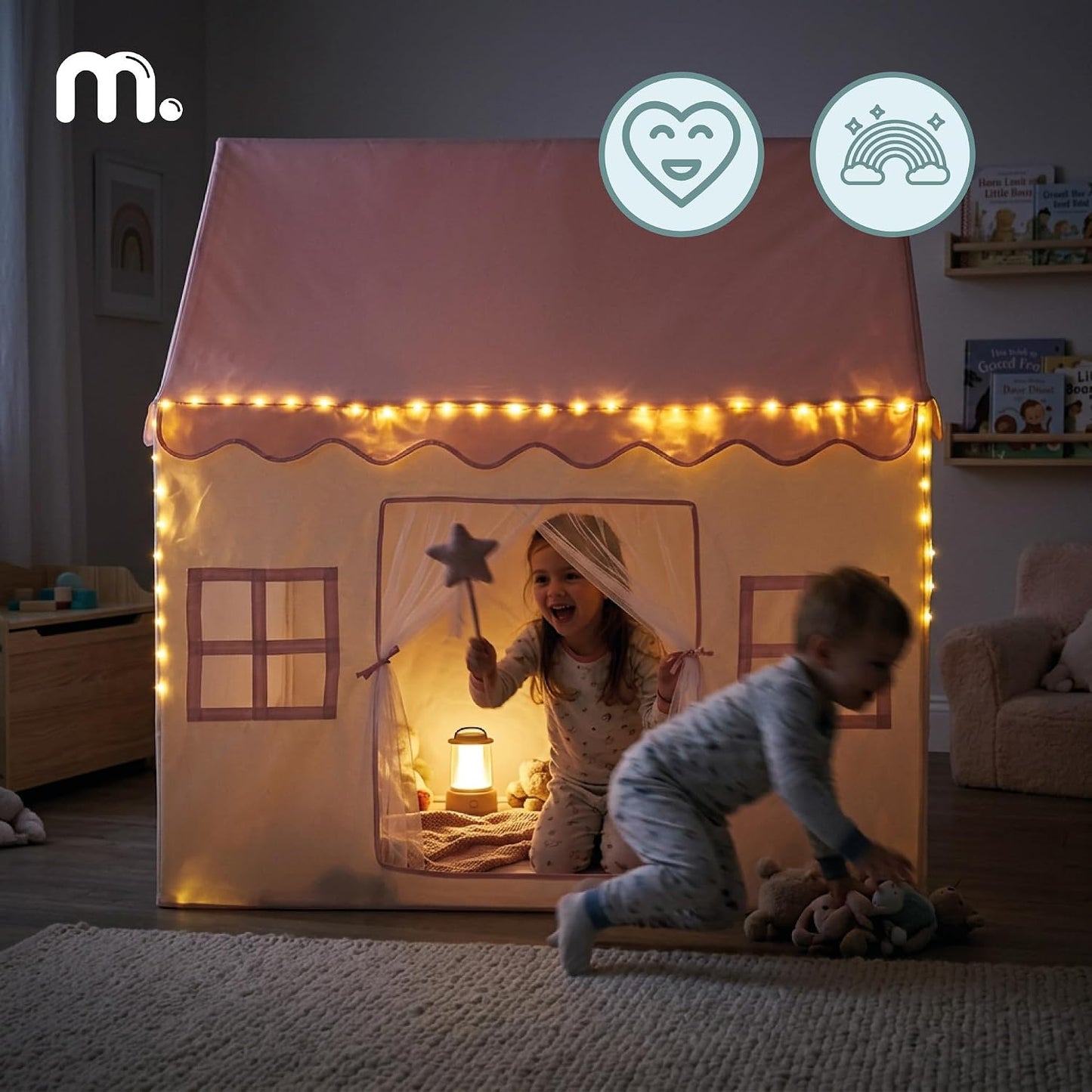 Spielzelt MAM251 Tipi House mit LED-Beleuchtung und Fenstern, Pink, Beige/Pink, Beige Abenteuer 95 × 125 × 130 cm