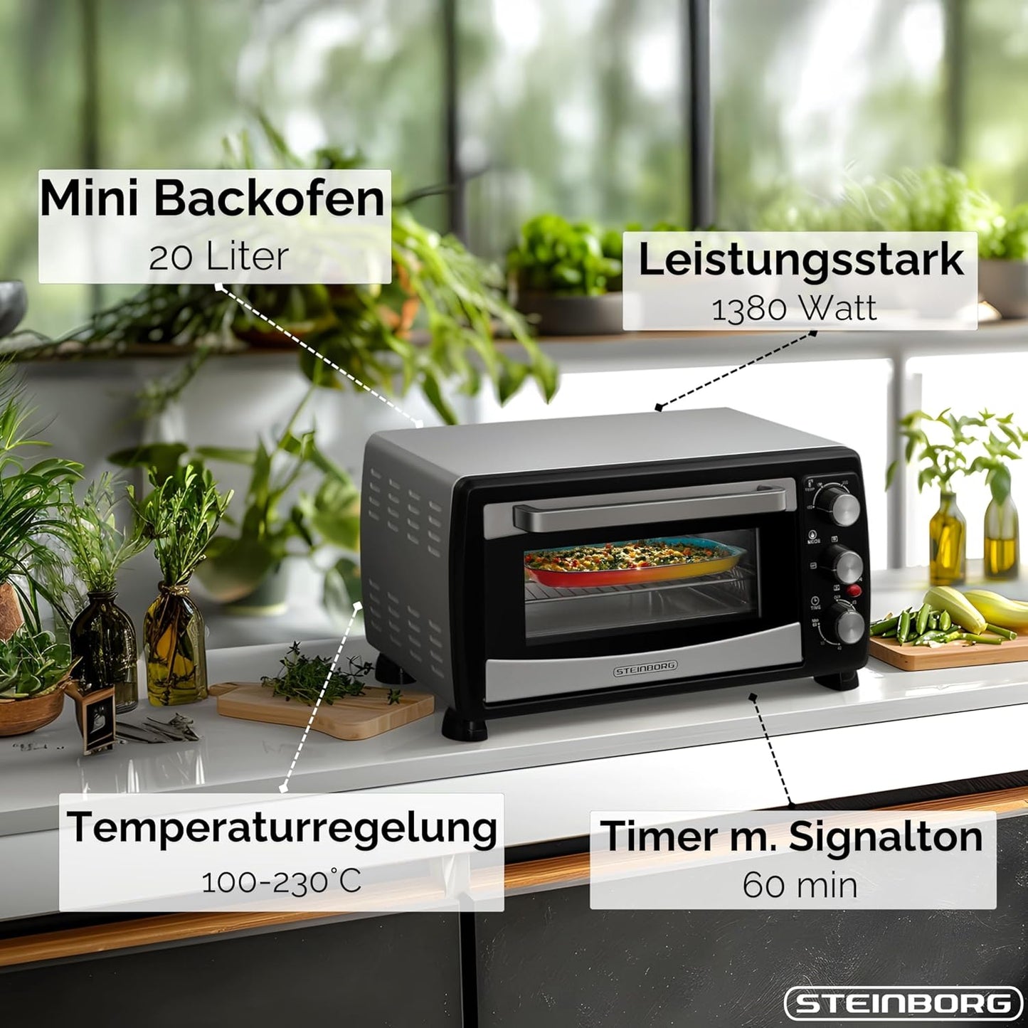 Mini-Backofen mit Umluftfunktion, 20 Liter, 1.400 Watt