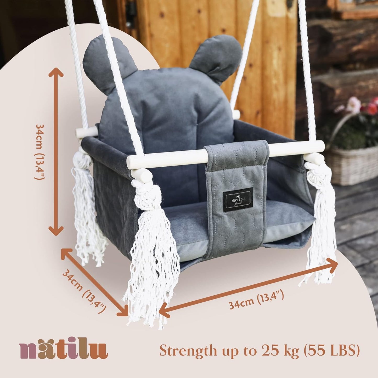 Babyschaukel mit Sicherheitsgurt, Bear Quilted Graphite