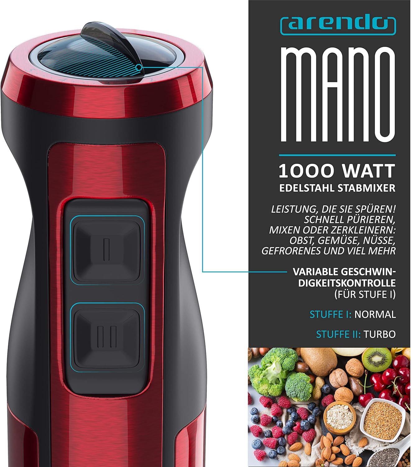 Stabmixer 1000W mit Turbotaste & Mixfuss abnehmbar, D: Rot Edelstahl