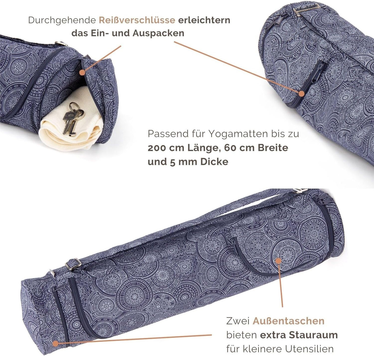 Yogatasche ASANA Bag für Matte & Zubehör, Mandala/Dunkelblau 60 cm