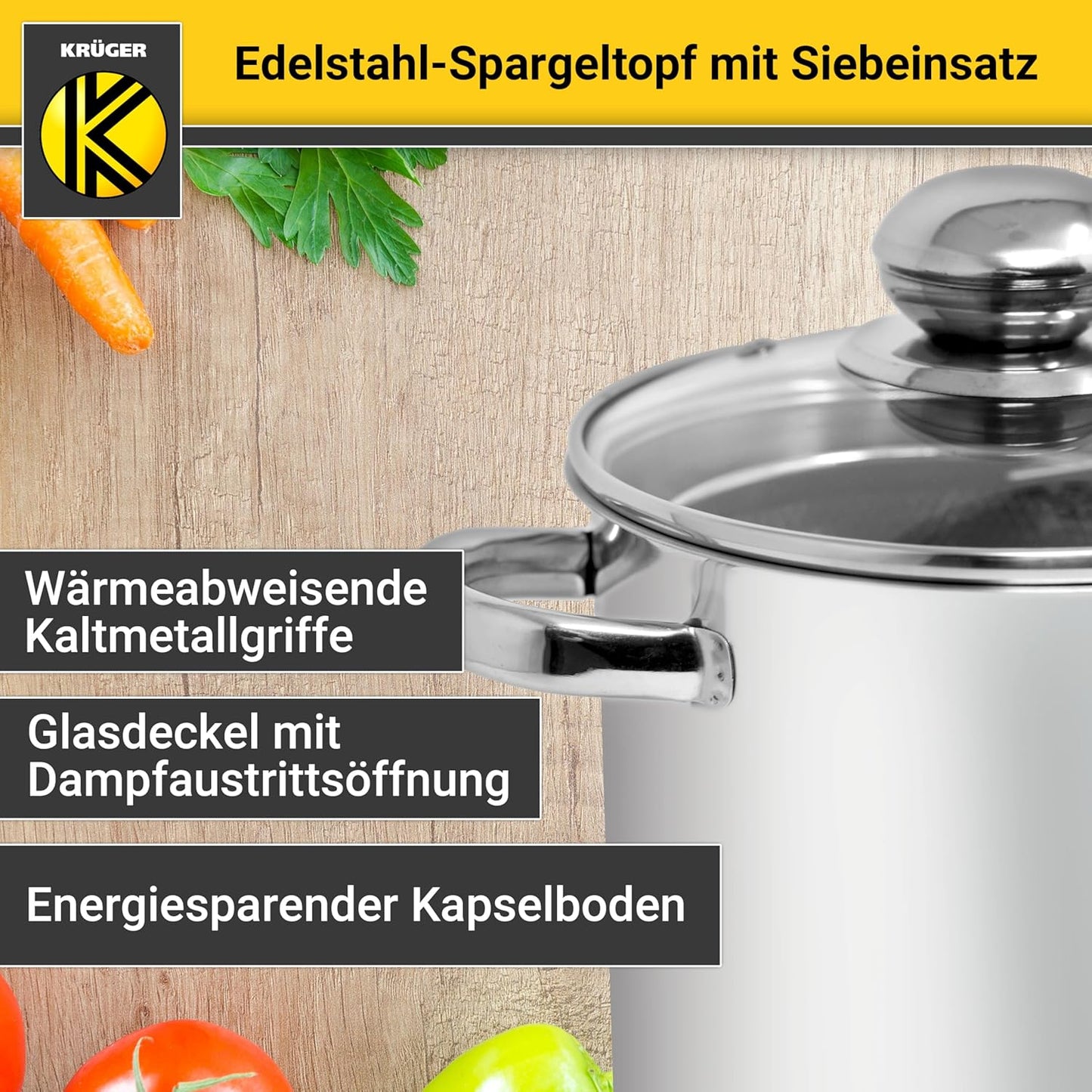 Edelstahl-Spargeltopf mit Siebeinsatz und Glasdeckel