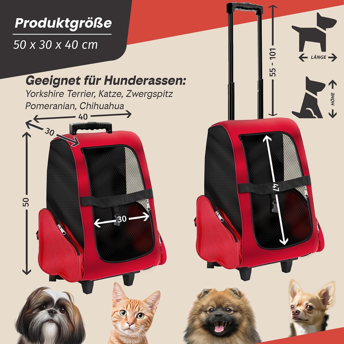 Haustier-Trolley für Hunde und Katzen, Hundetrolley Rot