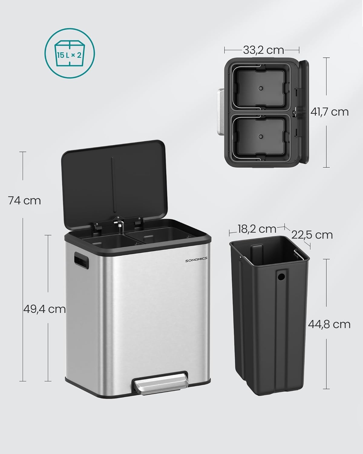 LTB544E01 Mülltrennsystem mit Softclose-Deckel (2 x 15 L), metallicsilber