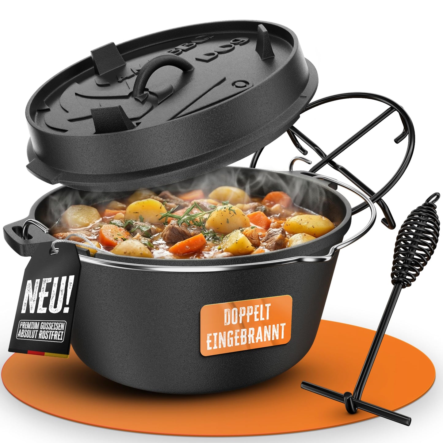 Dutch Oven mit Zubehör, Topf Ohne Füsse 9 Liter