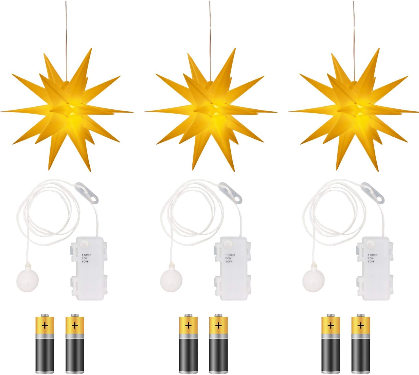 3D Leuchtstern-Set mit warm-weisser Beleuchtung, 3er-Pack, Gelb