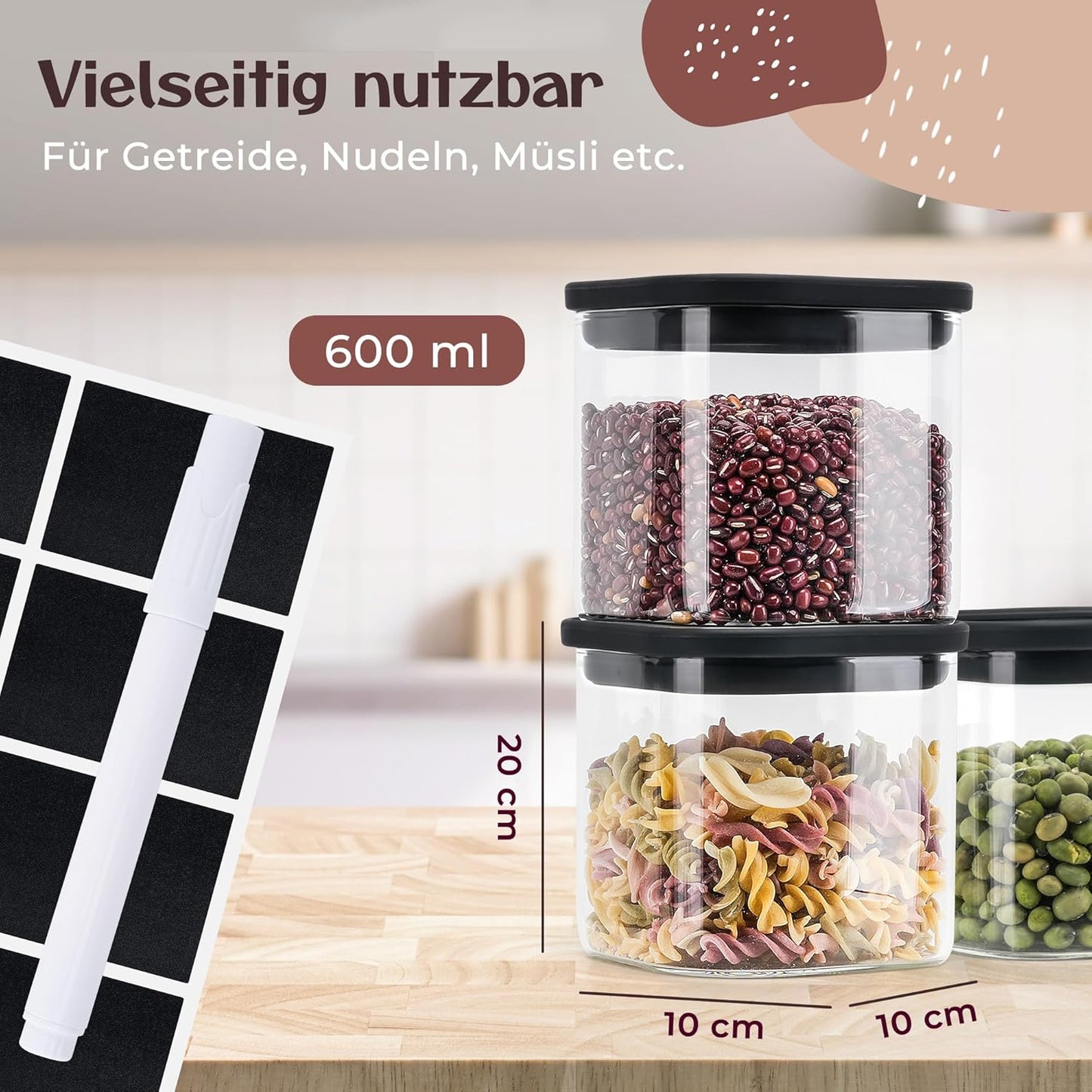 Vorratsgläser-Set mit Glasdeckel (4×600 ml) luftdicht, 4 x 600ml