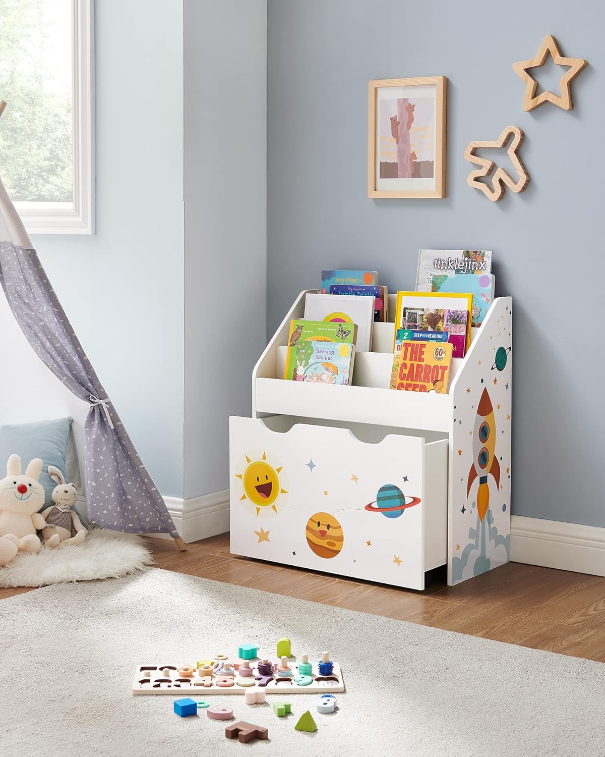 Kinderregal Kiddy auf Rollen, Weiss + Weltraum-motiv