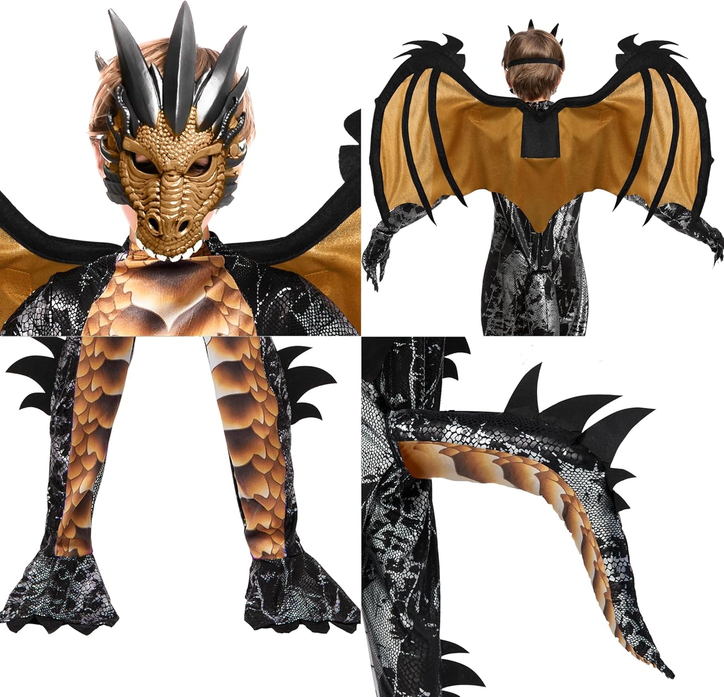 Kinderdrachen-Kostümset mit Flügel und Maske (Gr. 10-12), Large (10-12 yrs) Gold