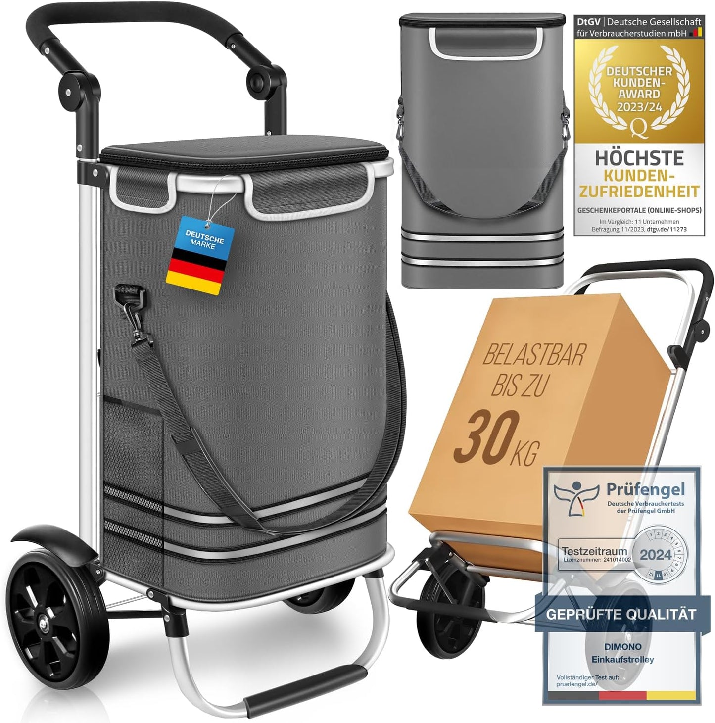 Klappbarer Einkaufstrolley mit Kühlfach, 56 Liter, 30 kg, Grau