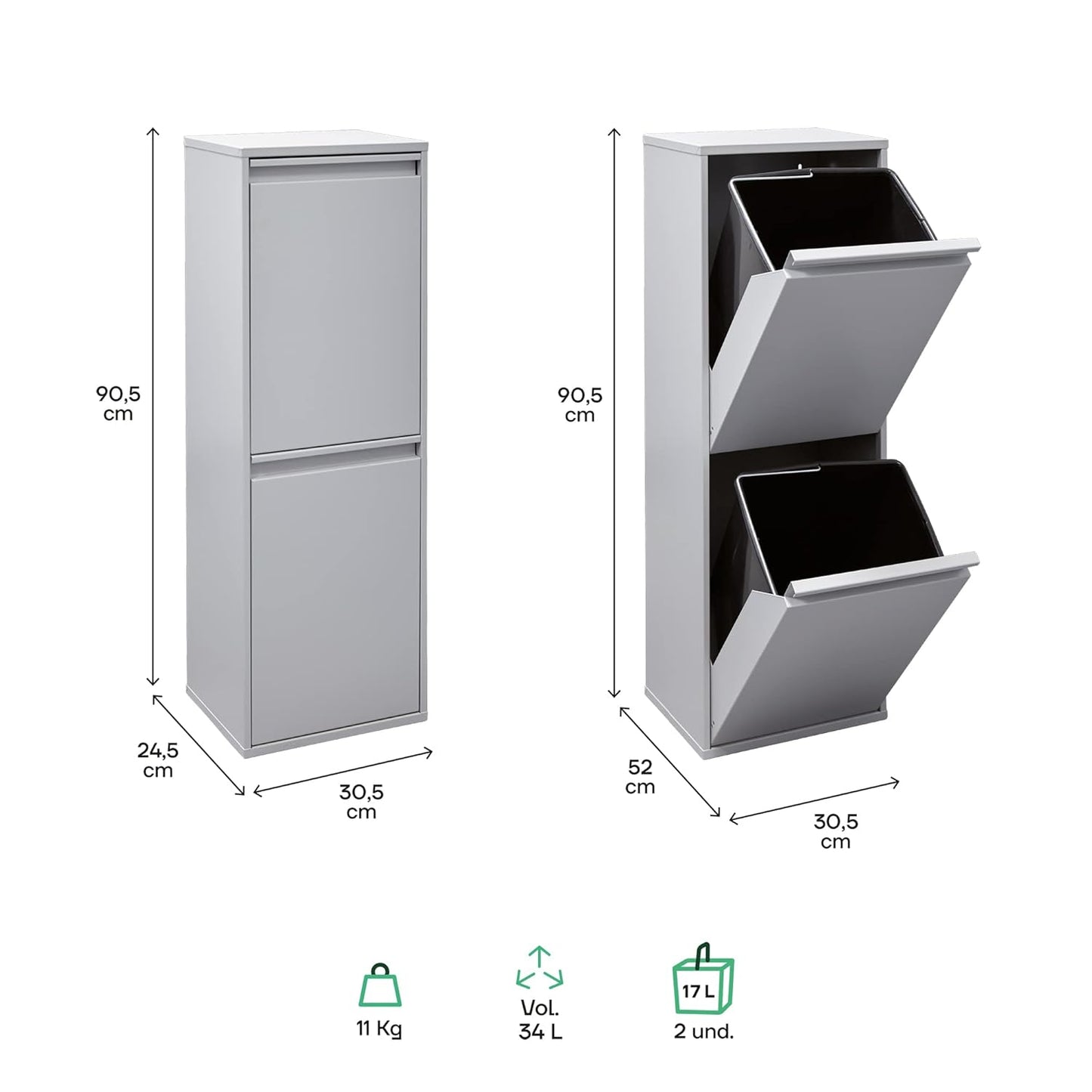 Mülltrennsystem mit 2 Fächern, Grau / Basic - Ohne Aufbewahrungsbox