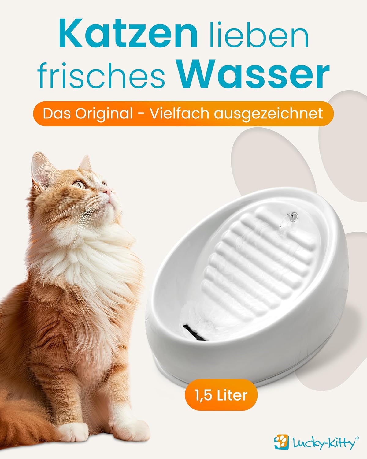 Keramik Katzen-Trinkbrunnen, hygienisch & leise, Weiss