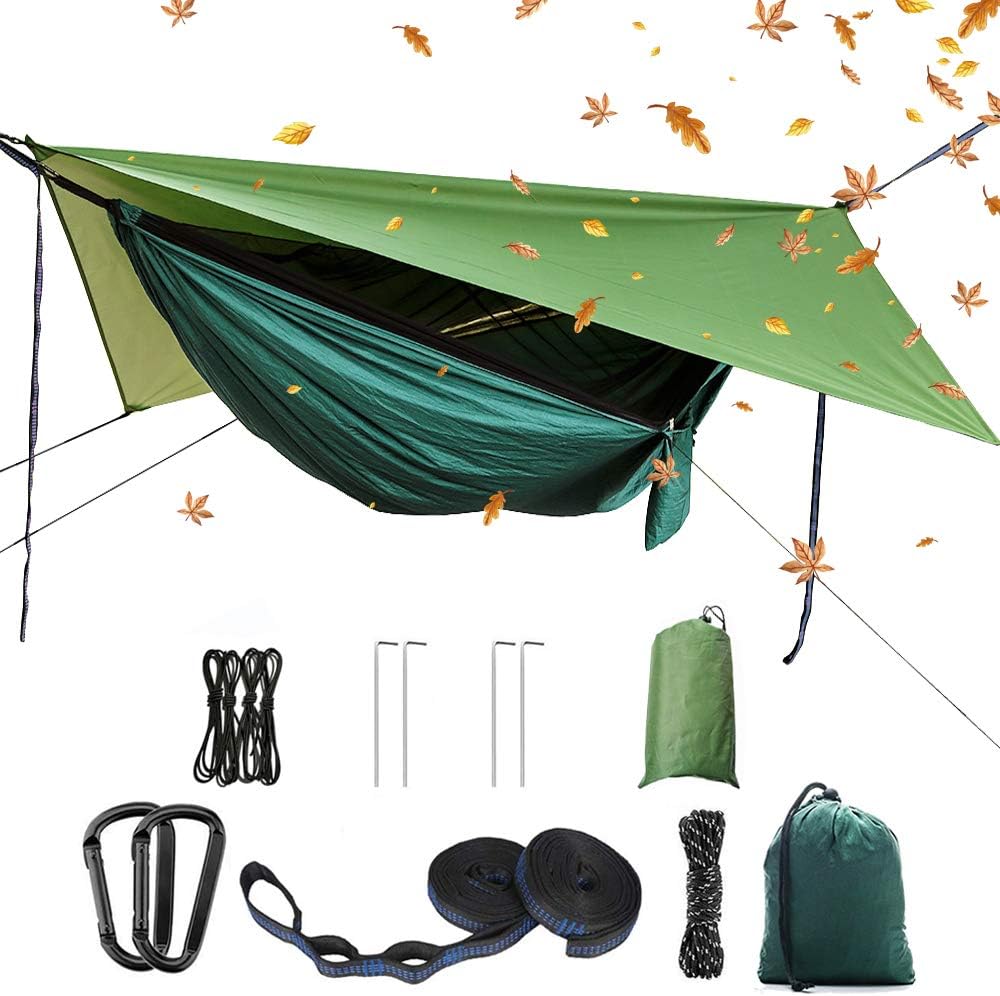 Camping-Hängematten-Set mit Moskitonetz und Regenfliege, Dunkelgrün