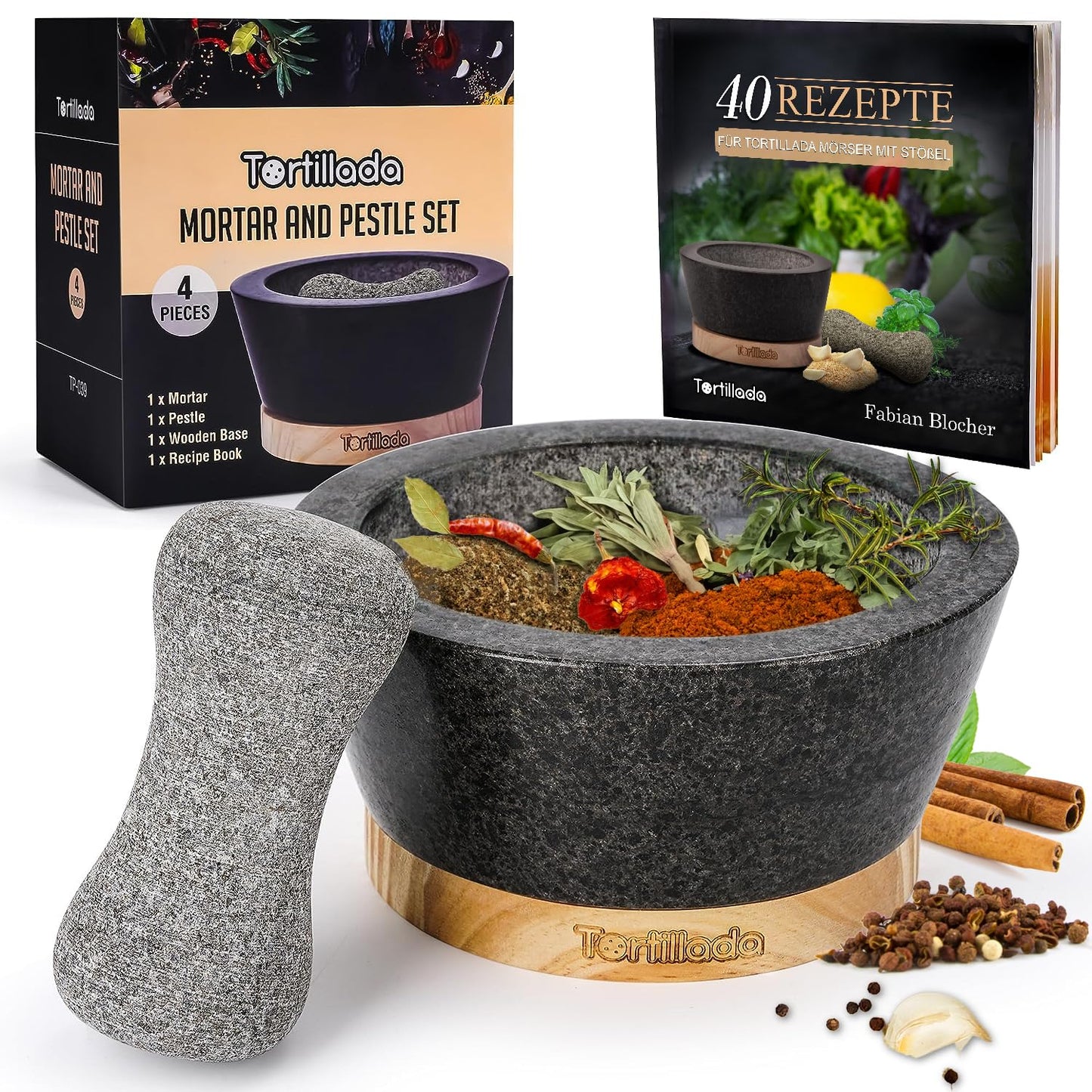 Mörser und Stössel Set mit Rezeptbuch