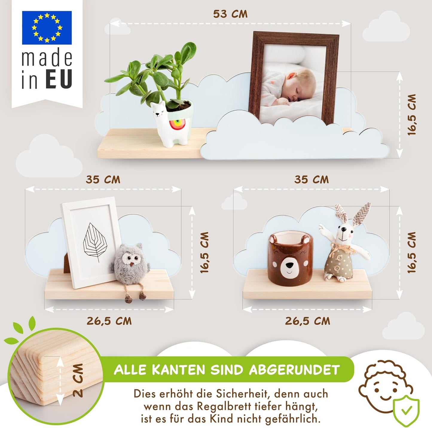 Wandregal-Set aus Holz für Kinderzimmer (3-teilig), Blau