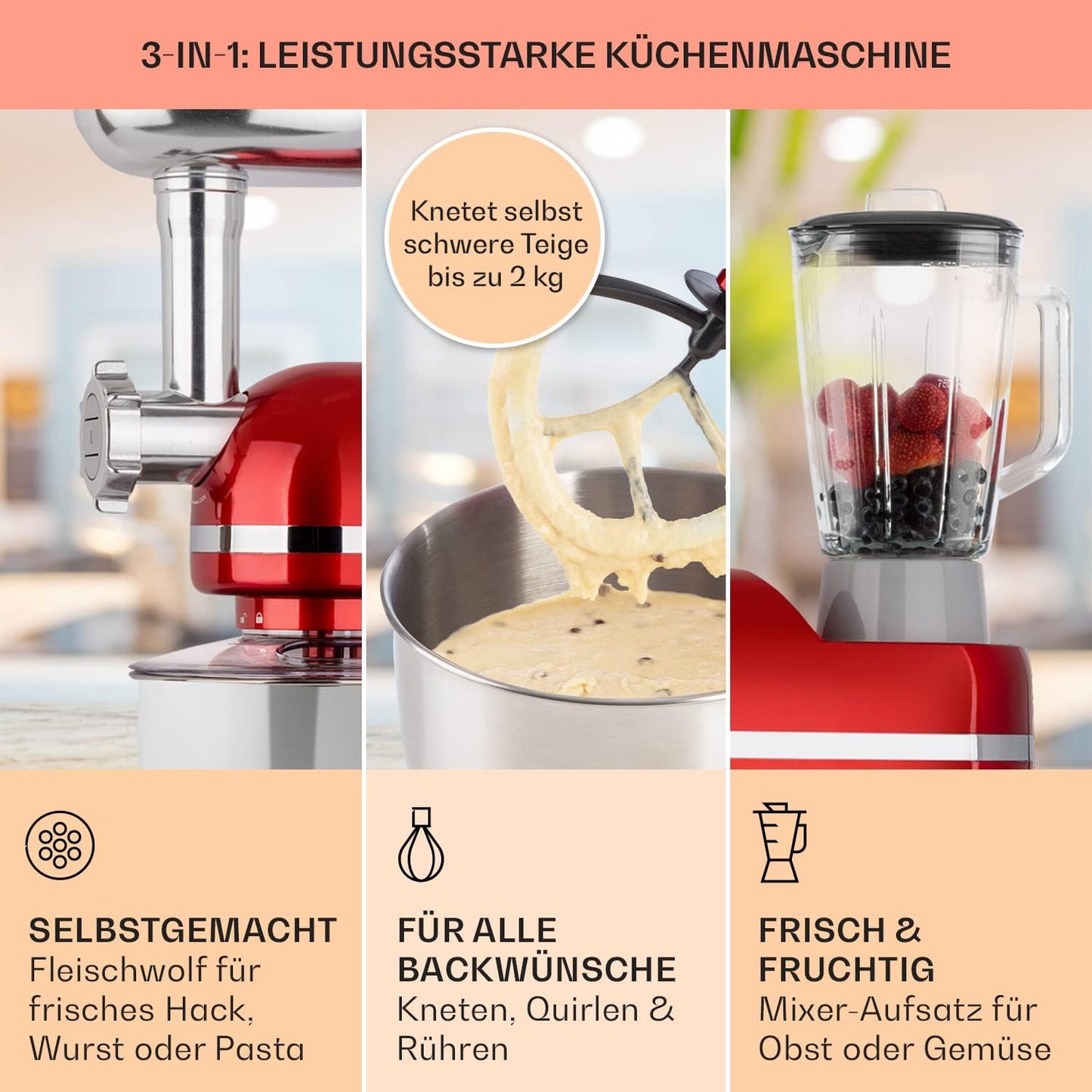 Knetmaschine mit Fleischwolf, Elegant Rot