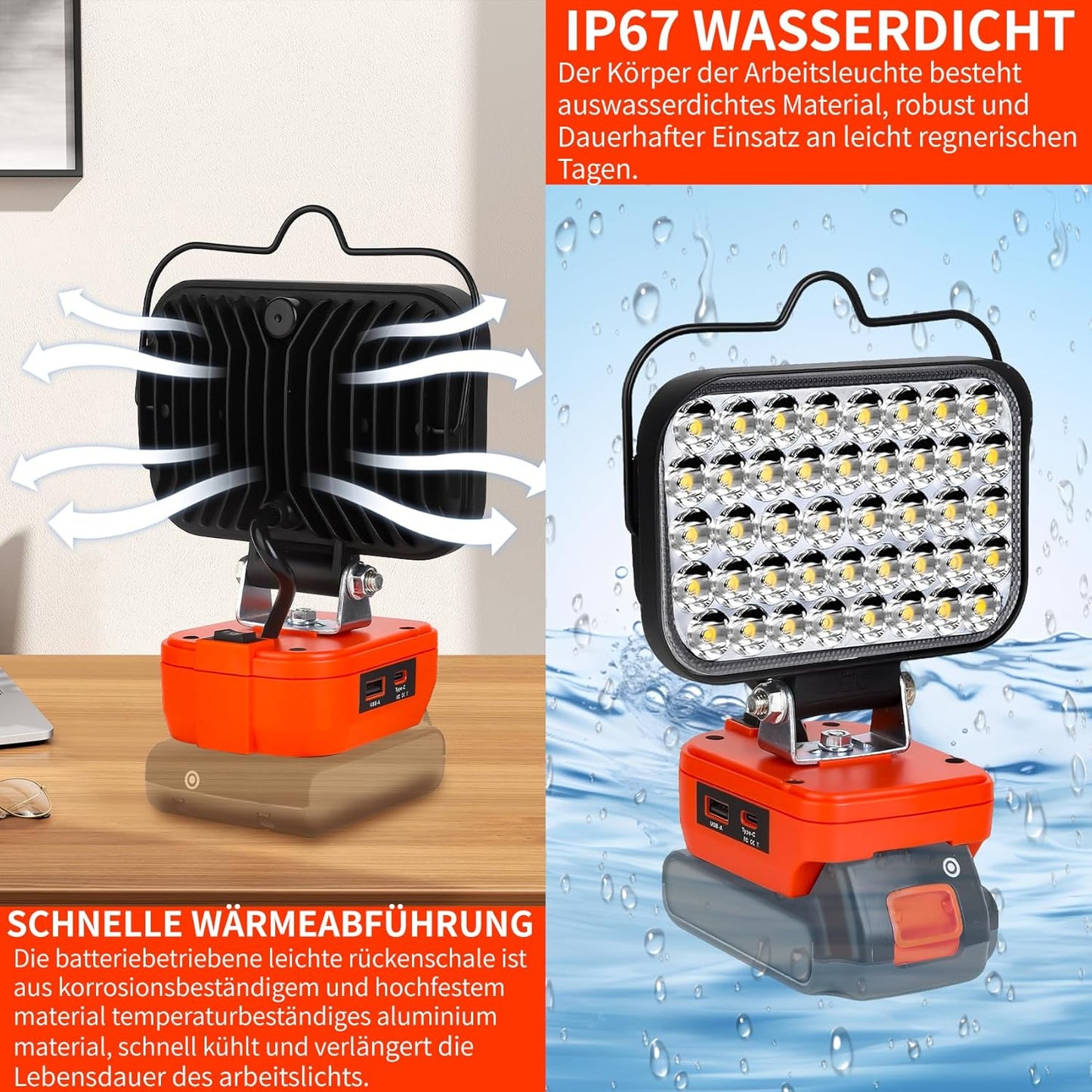 Kabellose LED Arbeitsleuchte ohne Akku, Rot-für Black+decker Akku 20v