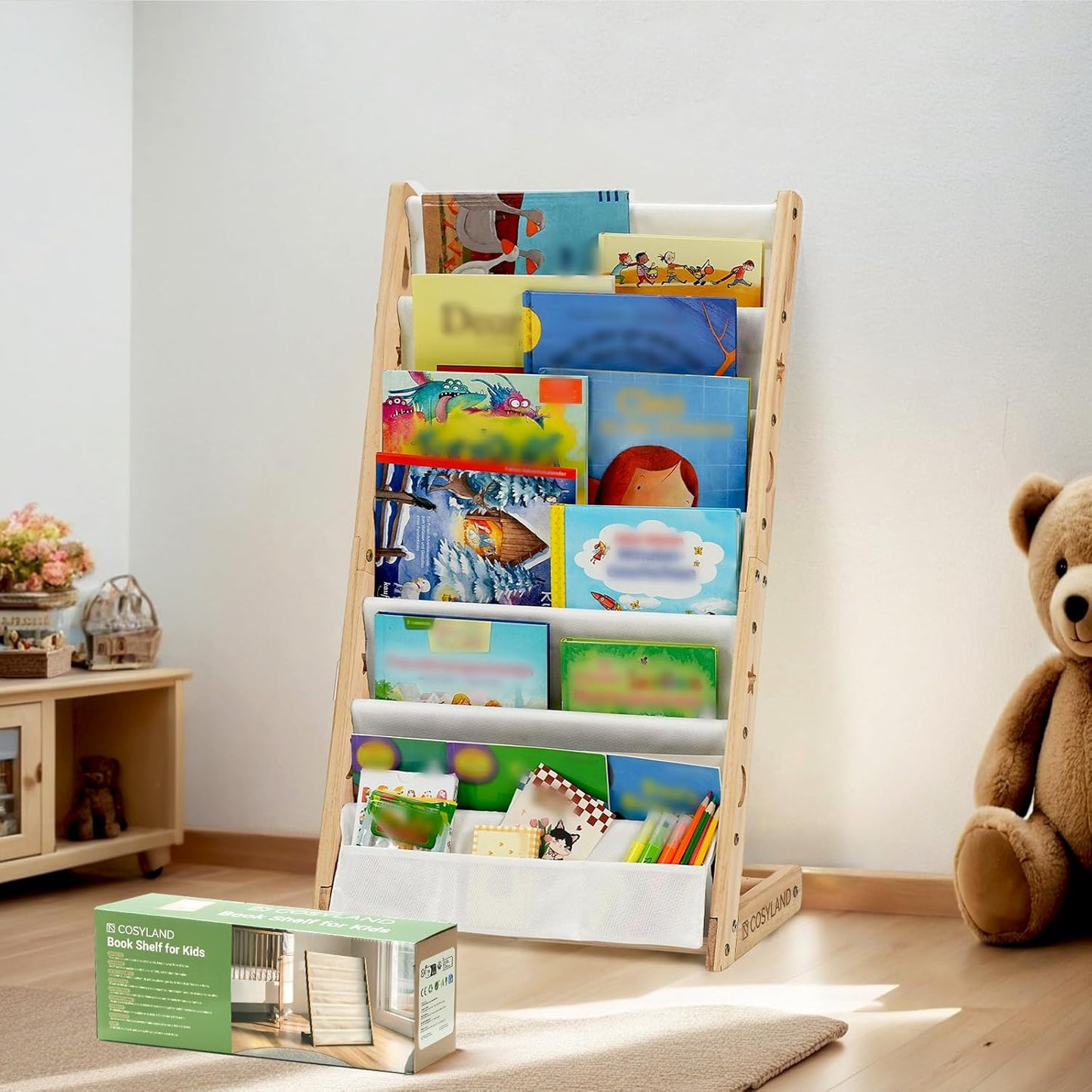Kinder-Bücherregal mit 6 Stofffächern, platzsparend, Naturholzfarbe Medium