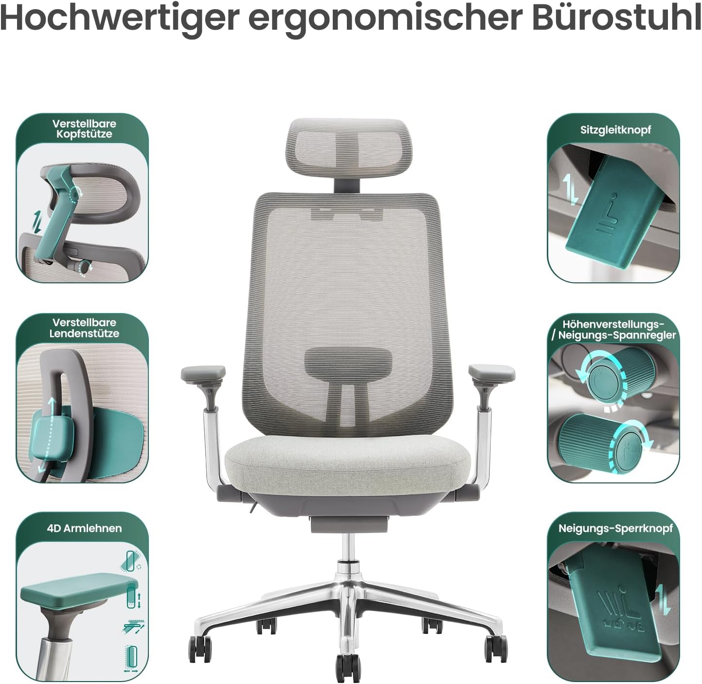 Ergonomischer Bürostuhl, Hellgrau Aluminium Basis