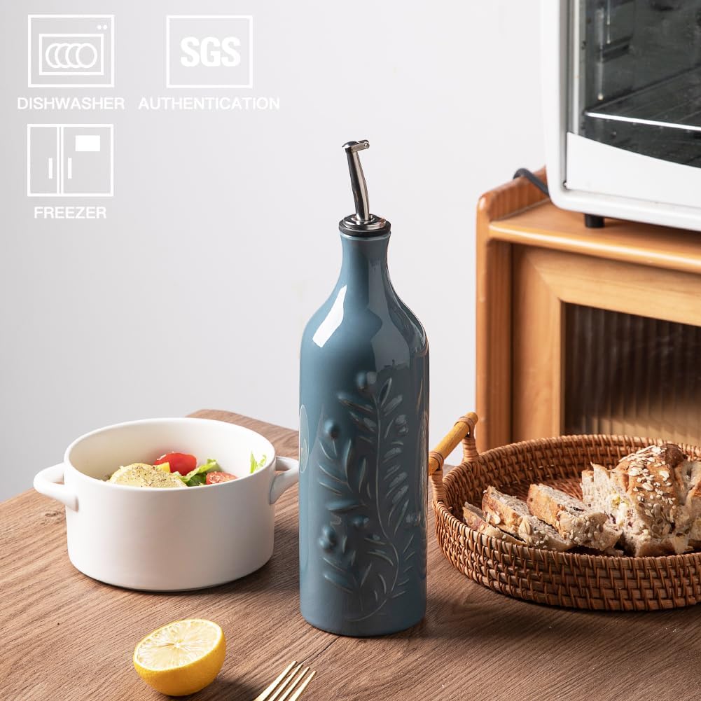 Olivenöl-Spenderflasche, Nebelblau Feines Olivenblatt-Relief, 700 ml