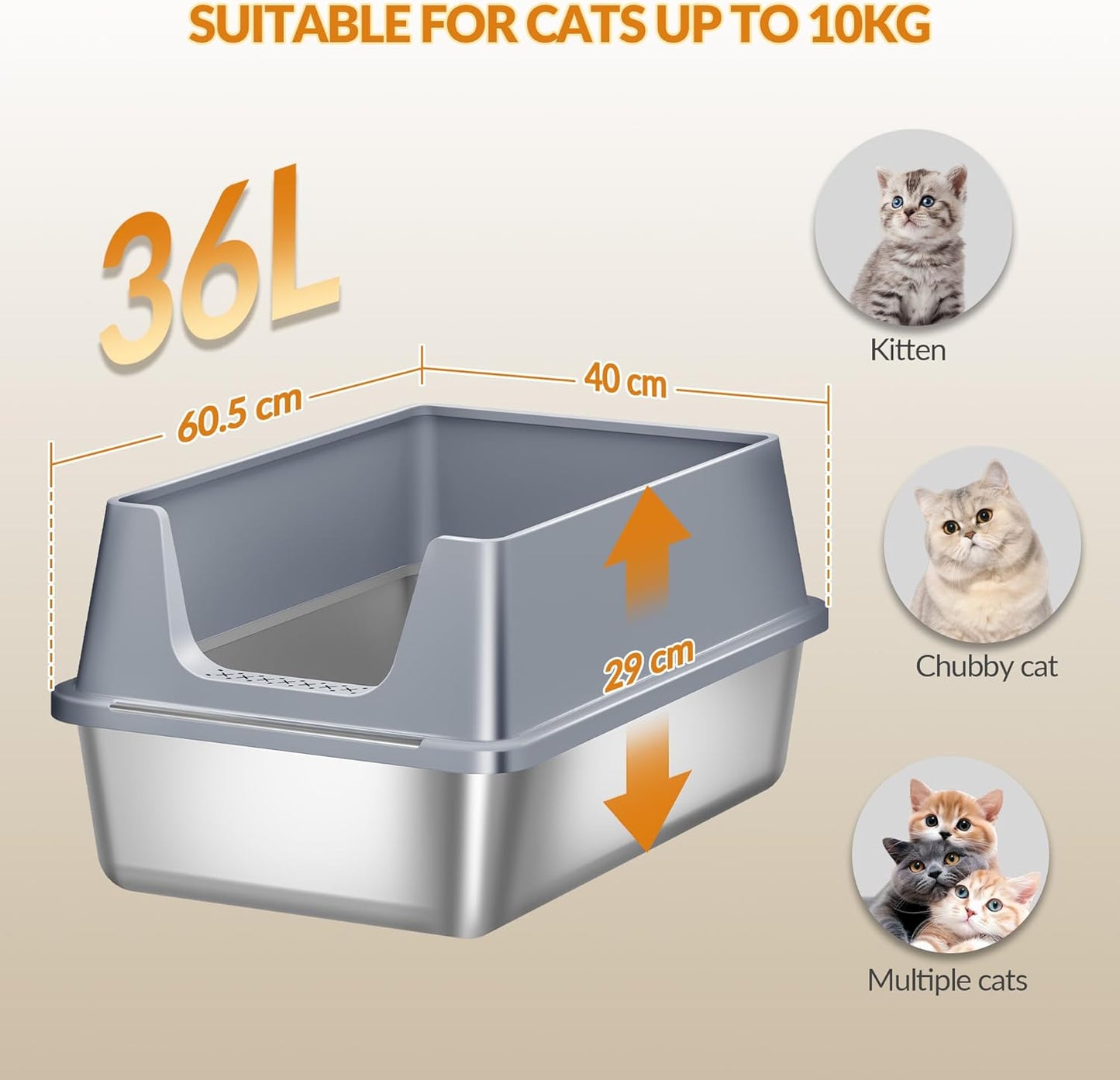 Edelstahl-Katzentoilette XXL mit hoher Rand, Dunkelgrau 1 Stück