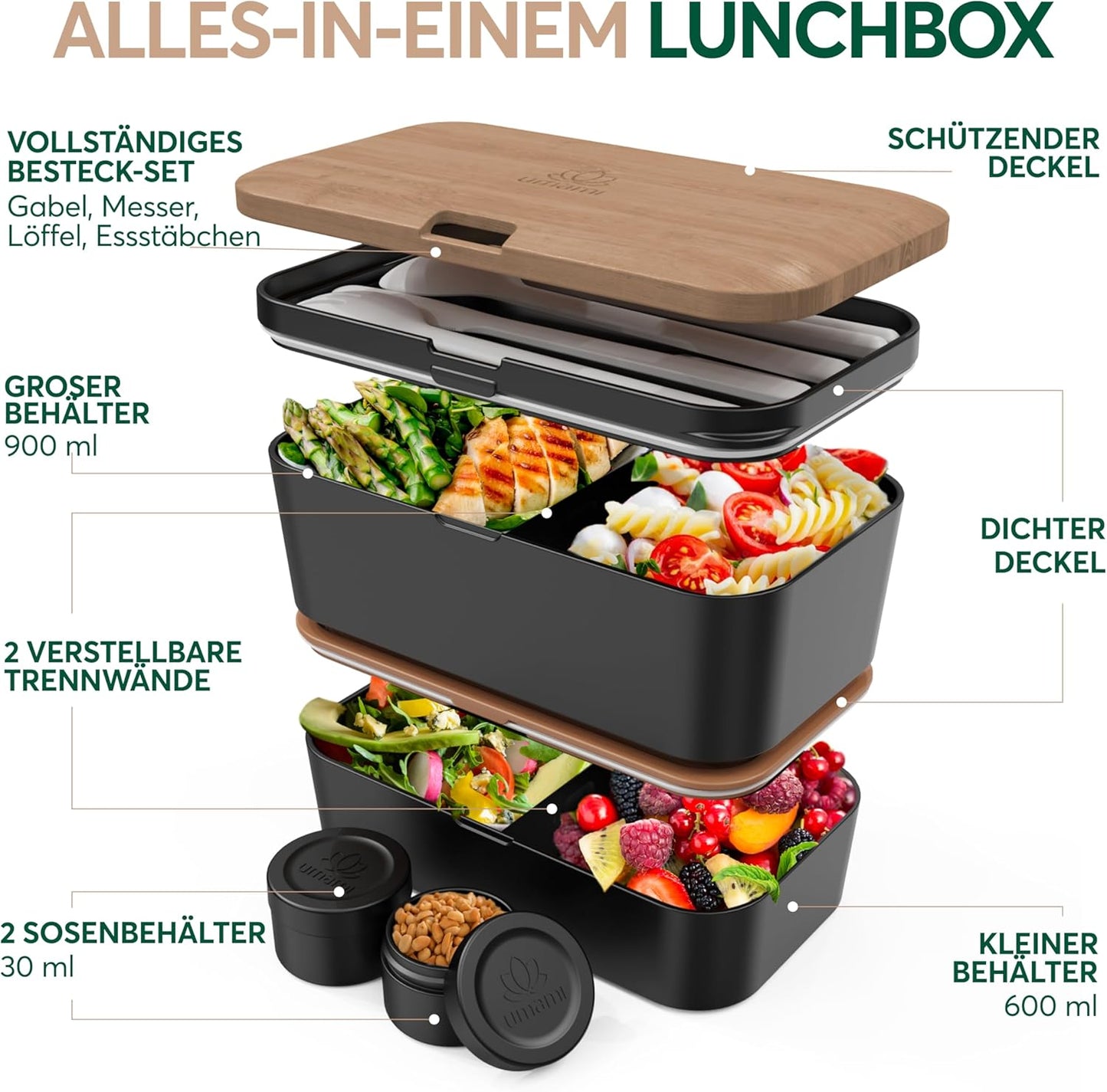 Auslaufsichere Bento Lunchbox mit Besteck & Fächern, Schwarze Kirsche L - 1500 ml