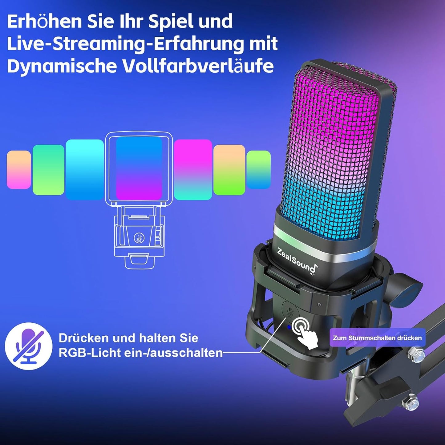 USB Gaming Mikrofon A68S mit RGB/Mute & Ständer-Set, A68S + Stativ & Boom arm