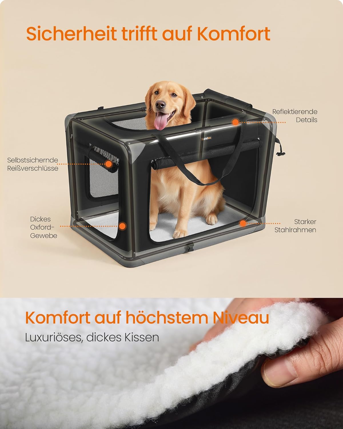 Faltbare Hundetransportbox mit Netzstoff-Türen, L 91 x B 64 x H 64 cm