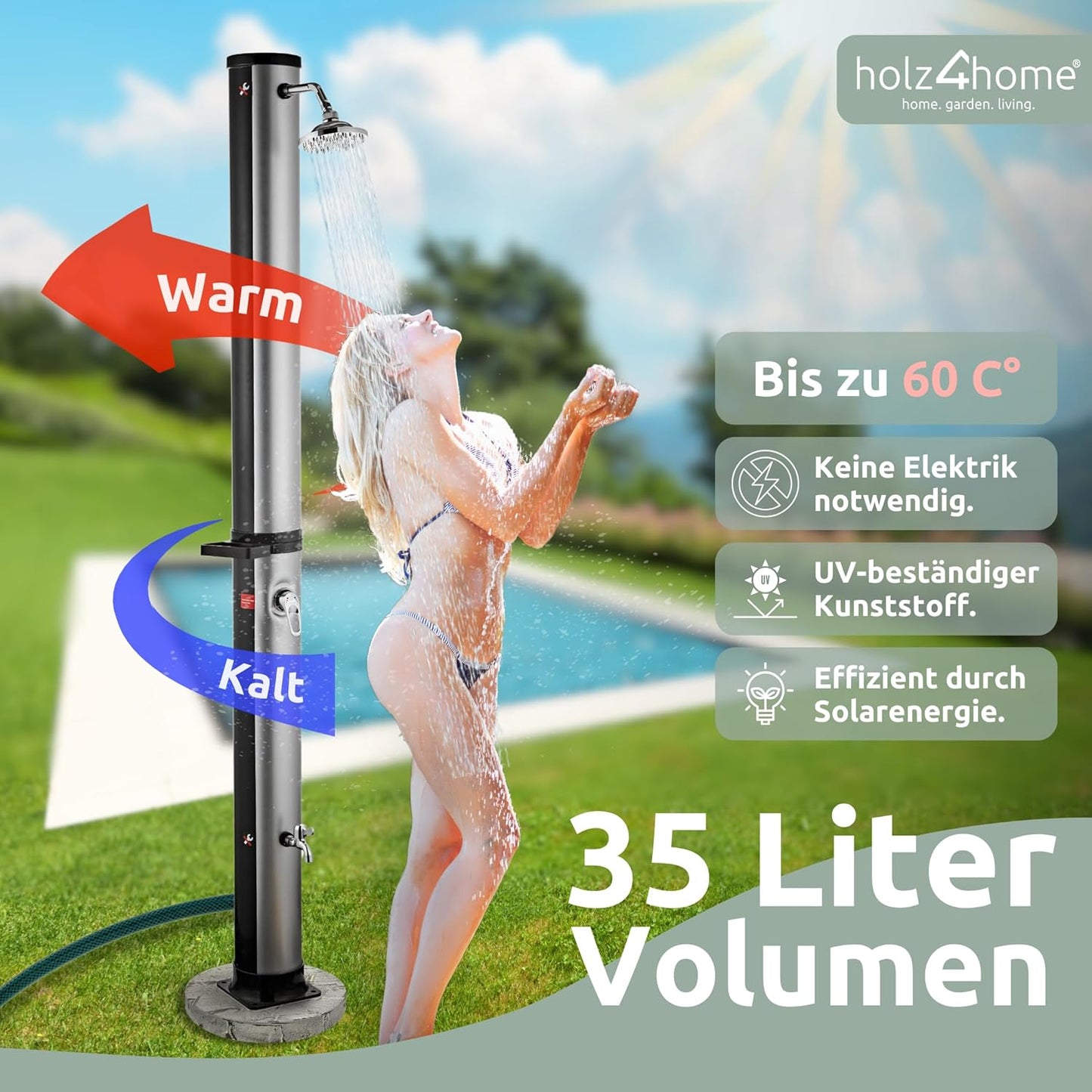 Solardusche mit Warmwasserfunktion inkl. Schutzhaube, Wasserhahn und Seifenablage, 35 L