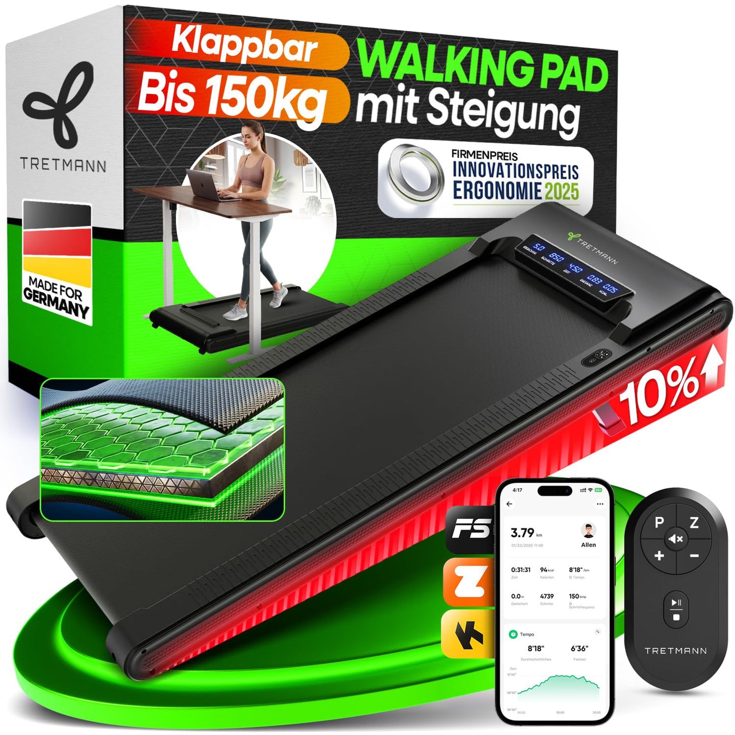 Walking Pad mit Steigung und App-Steuerung, Schwarz