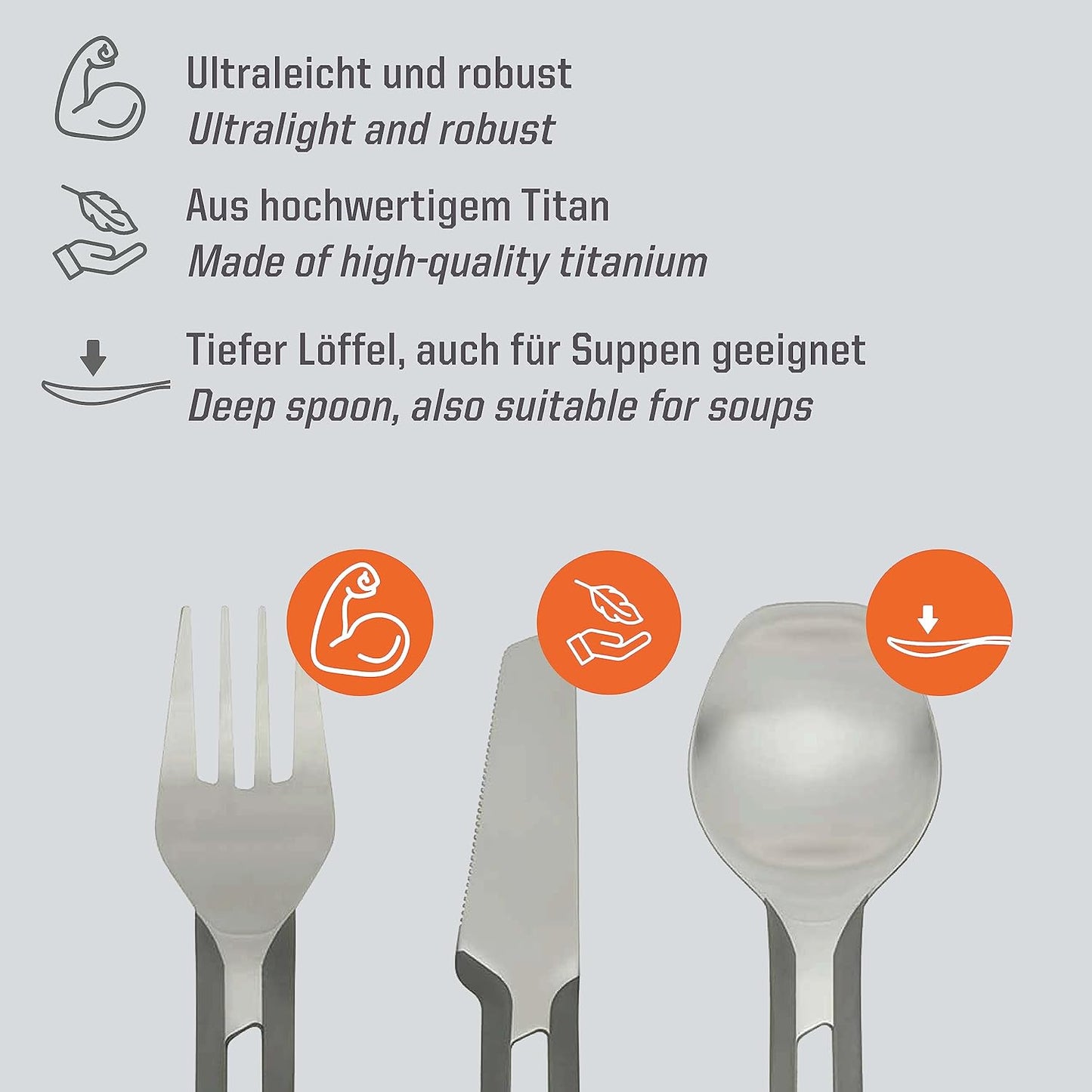 3-teiliges Titanbesteck-Set TC4-TI, Silber