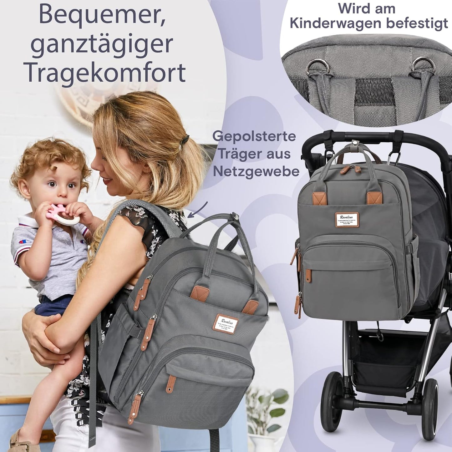 Wickelrucksack mit Wickelunterlage, Dunkelgrau