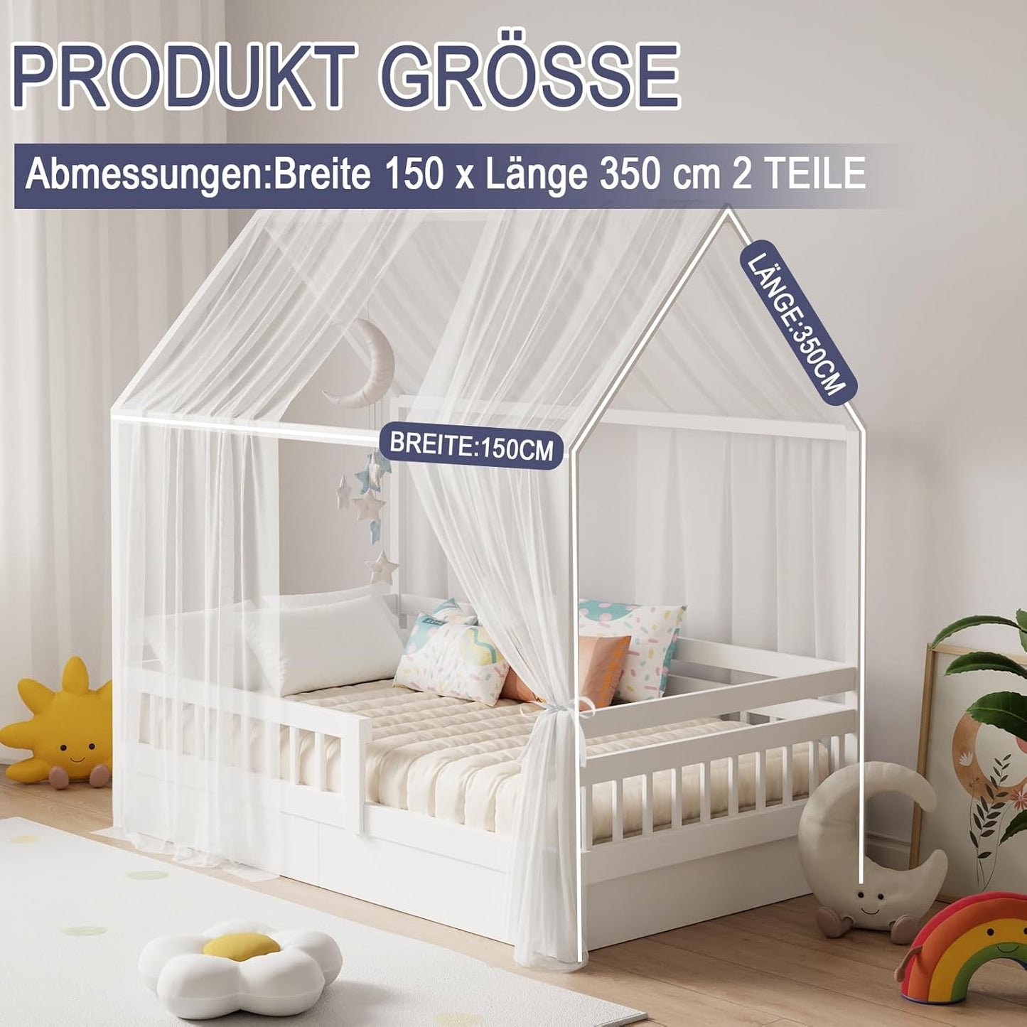 2-teiliges Betthimmel-Set für Hausbetten, H350 x B150 cm (2er Pack) Weiß