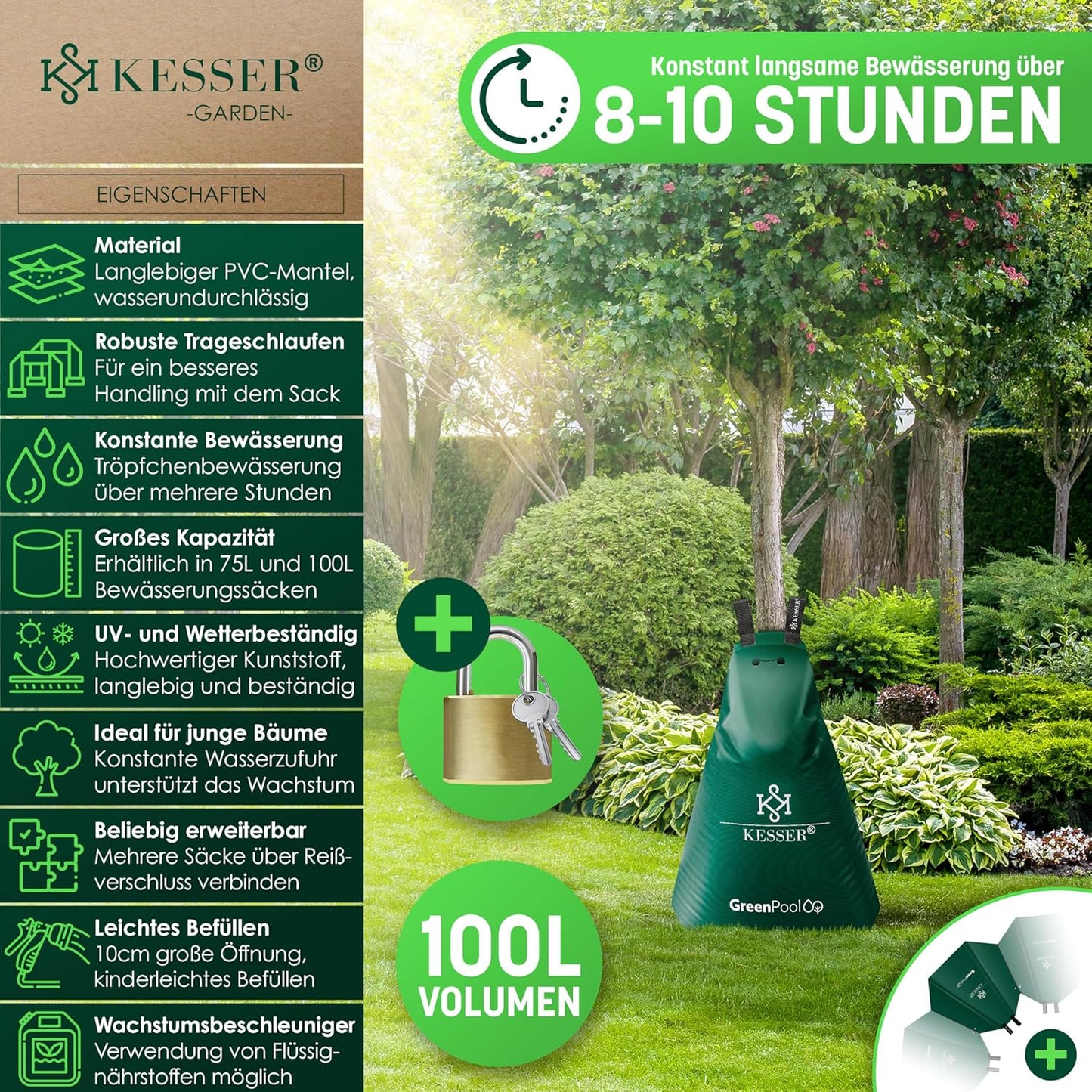 Baumbewässerungssack Set mit Diebstahlschutz, 100 Liter 2er Set Grün