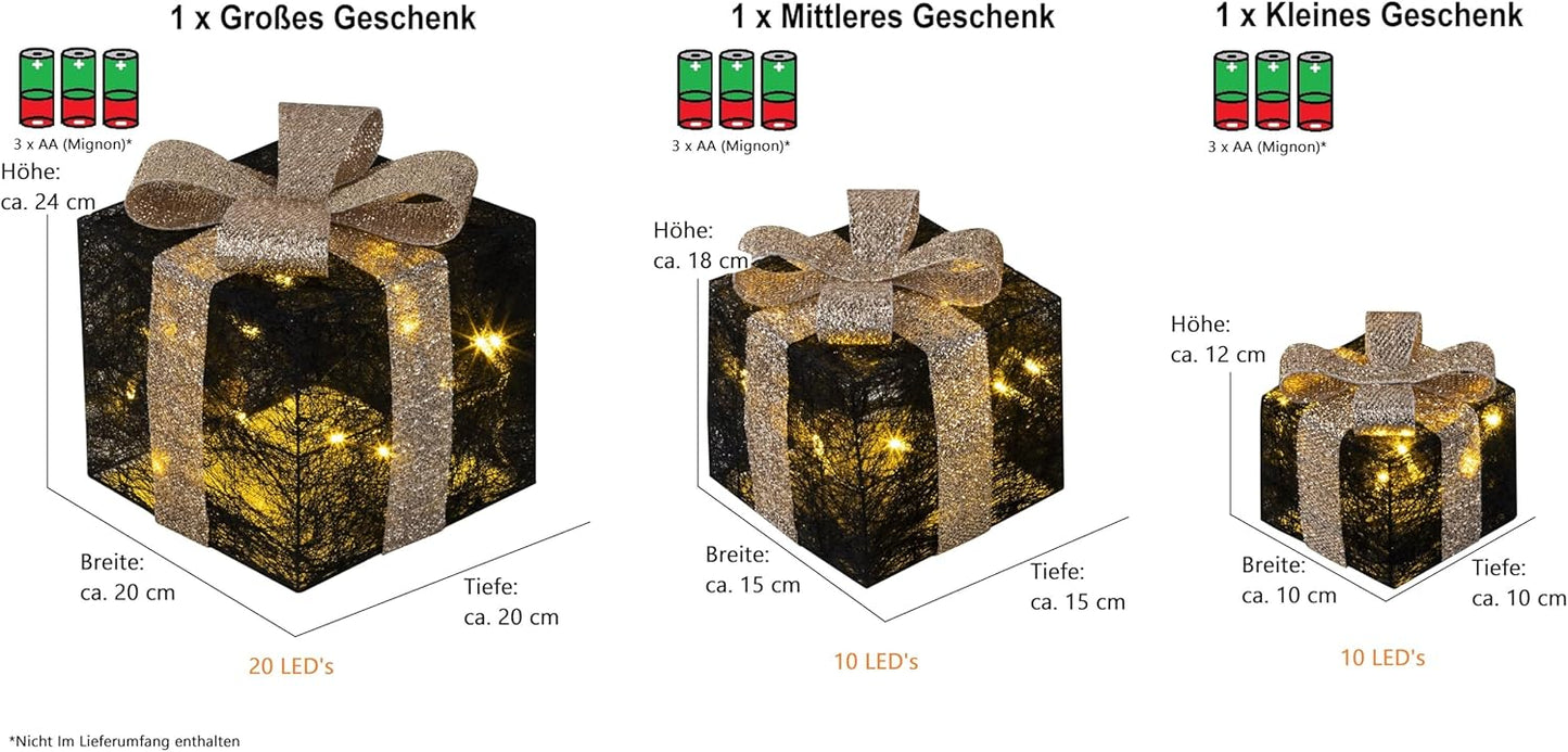 3er-Set LED-Geschenkboxen mit Timer, Schwarz-Gold
