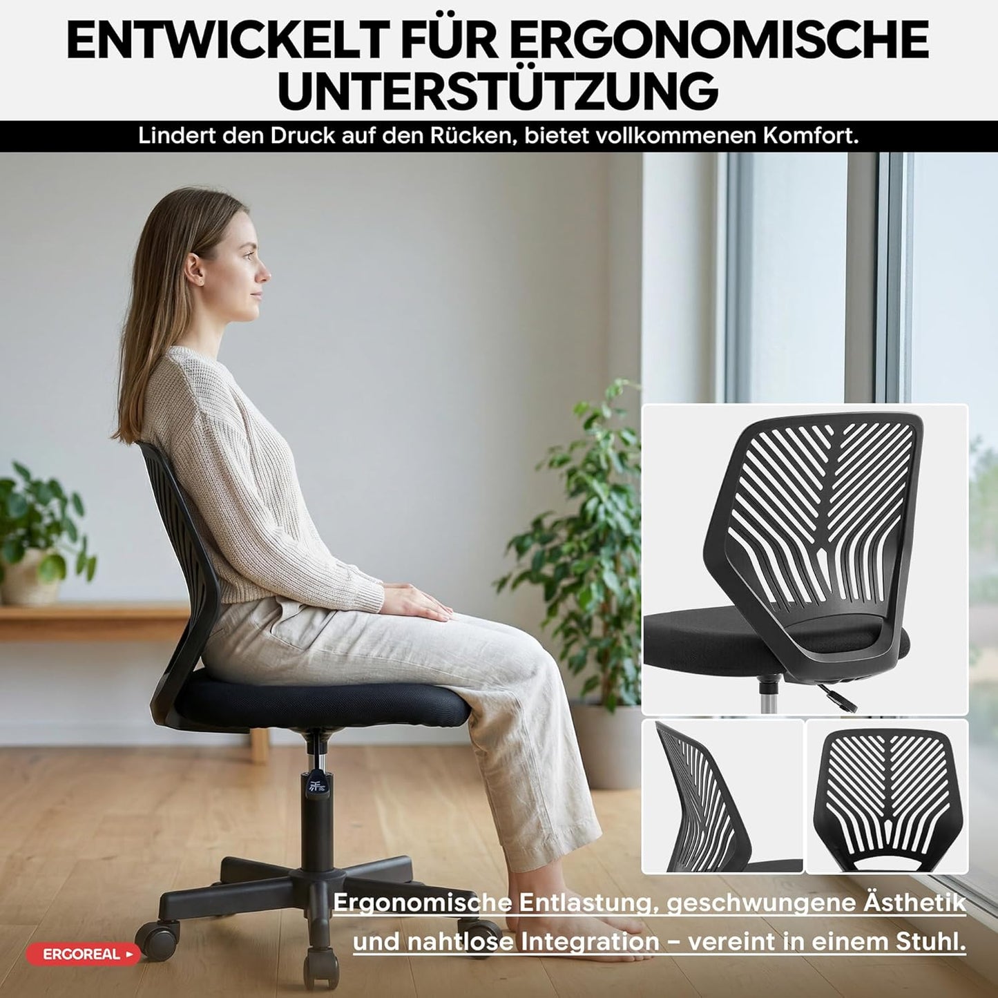Ergonomischer Bürostuhl ohne Armlehne, Tiefe Schwarz