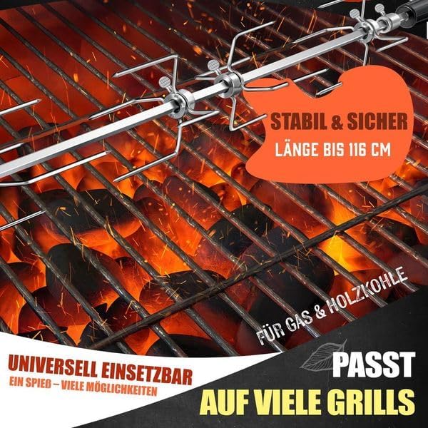 Edelstahl Grillspiess Set für Gasgrill mit Drehmotor, Silber