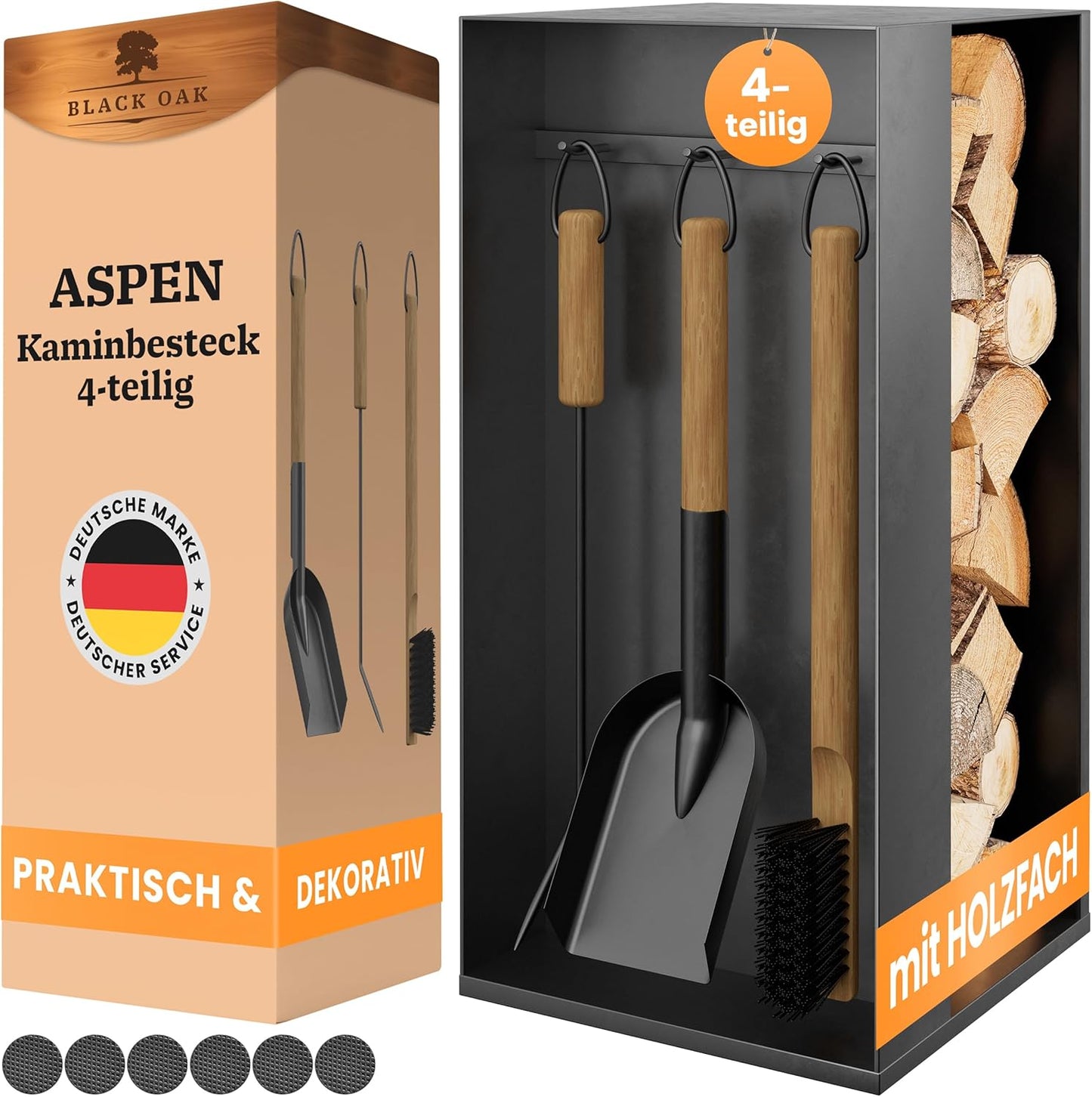 4-teiliges Kaminbesteck-Set Aspen mit Holzfach, Aspen 4-teilig Schwarz