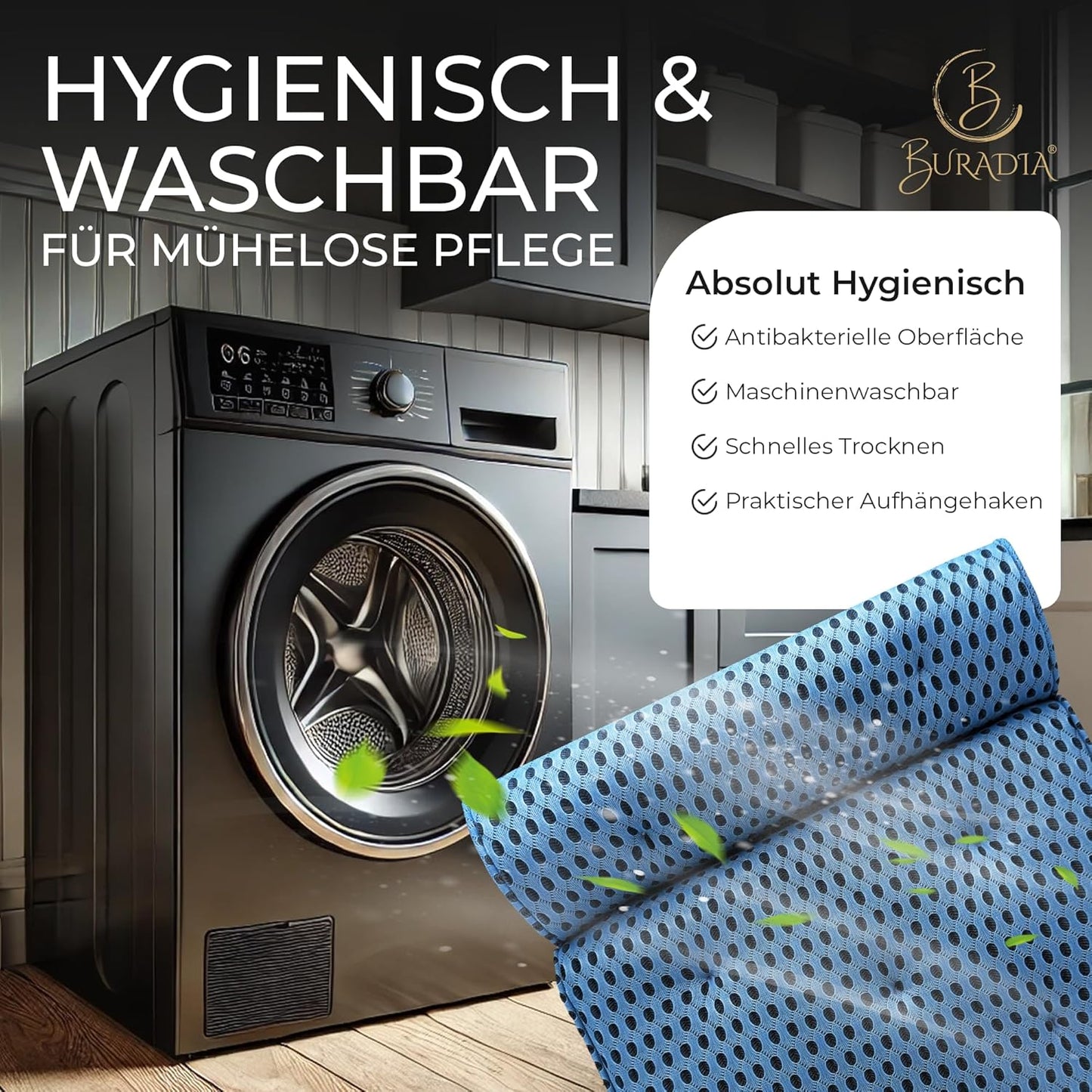 Badewannenkissen mit Saugnäpfen und Wäschenetz, Hellblau