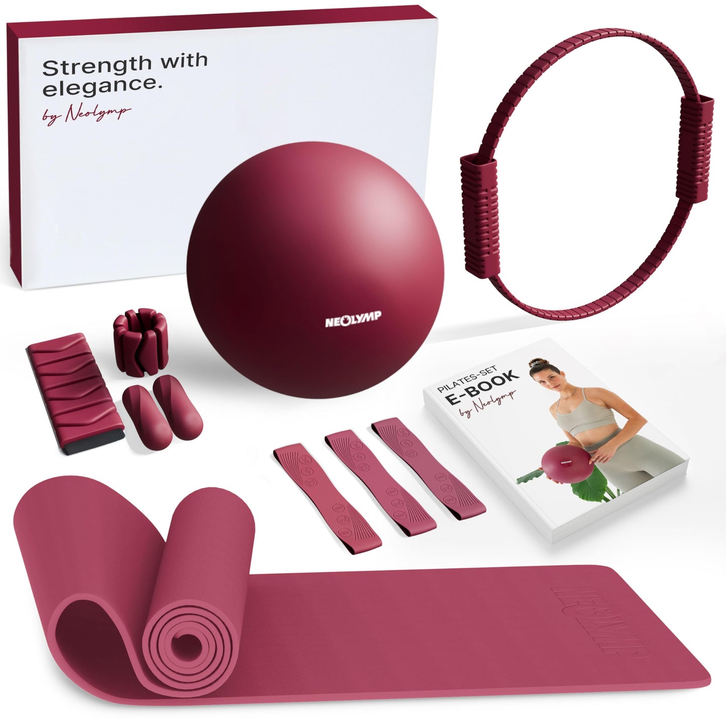 Pilates Zubehör-Set mit Ball, Ring & Hanteln, Berry Plus mit Matte