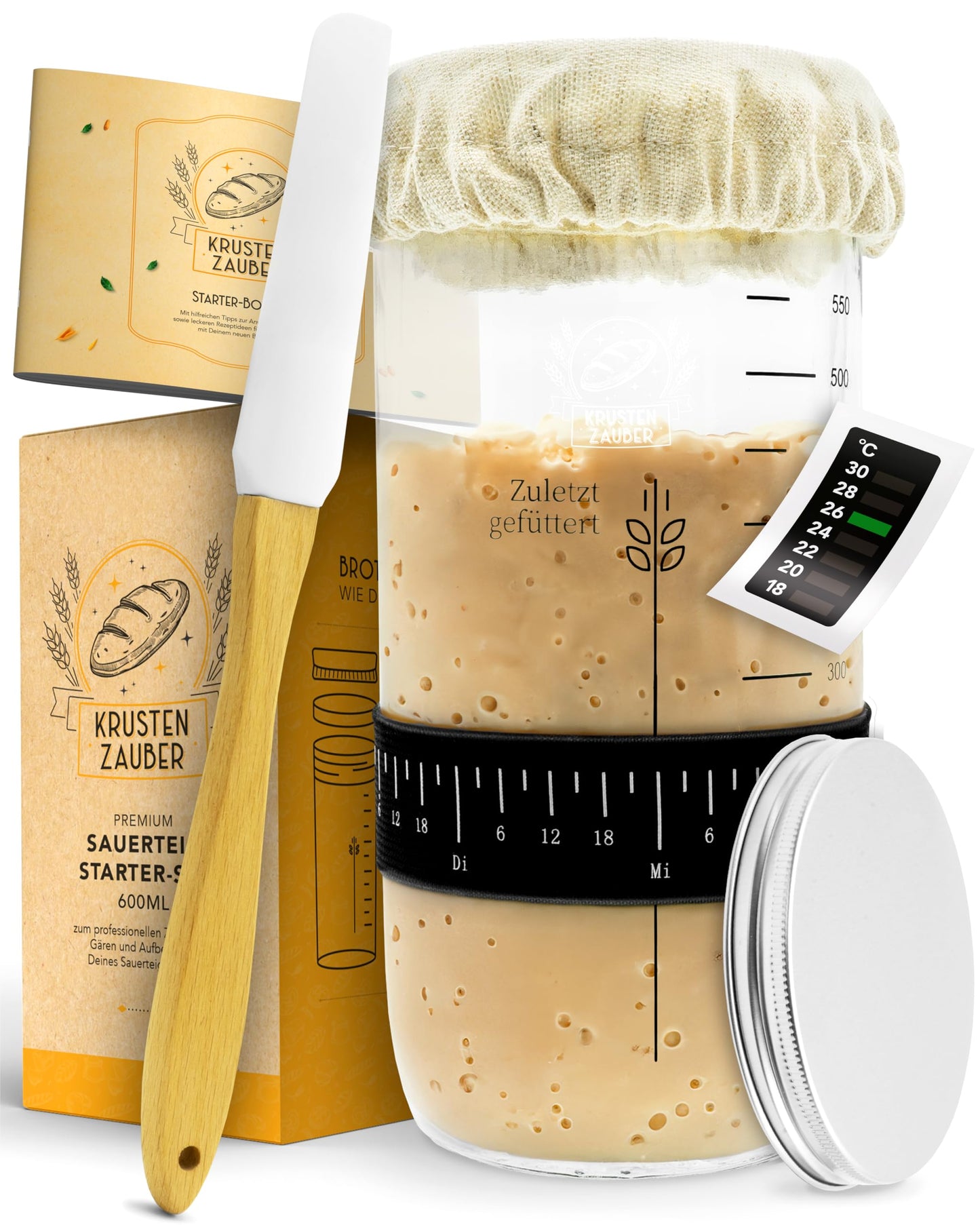 Sauerteig Starter Set mit Gärglas Spatel u. Thermometer, 1x600ml, Sauerteig Starter Set