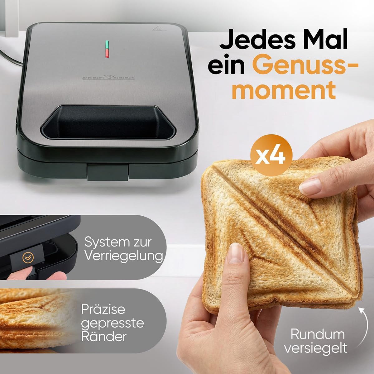 Sandwichmaker für 4 Sandwiches mit Antihaft-Platten, Schwarz