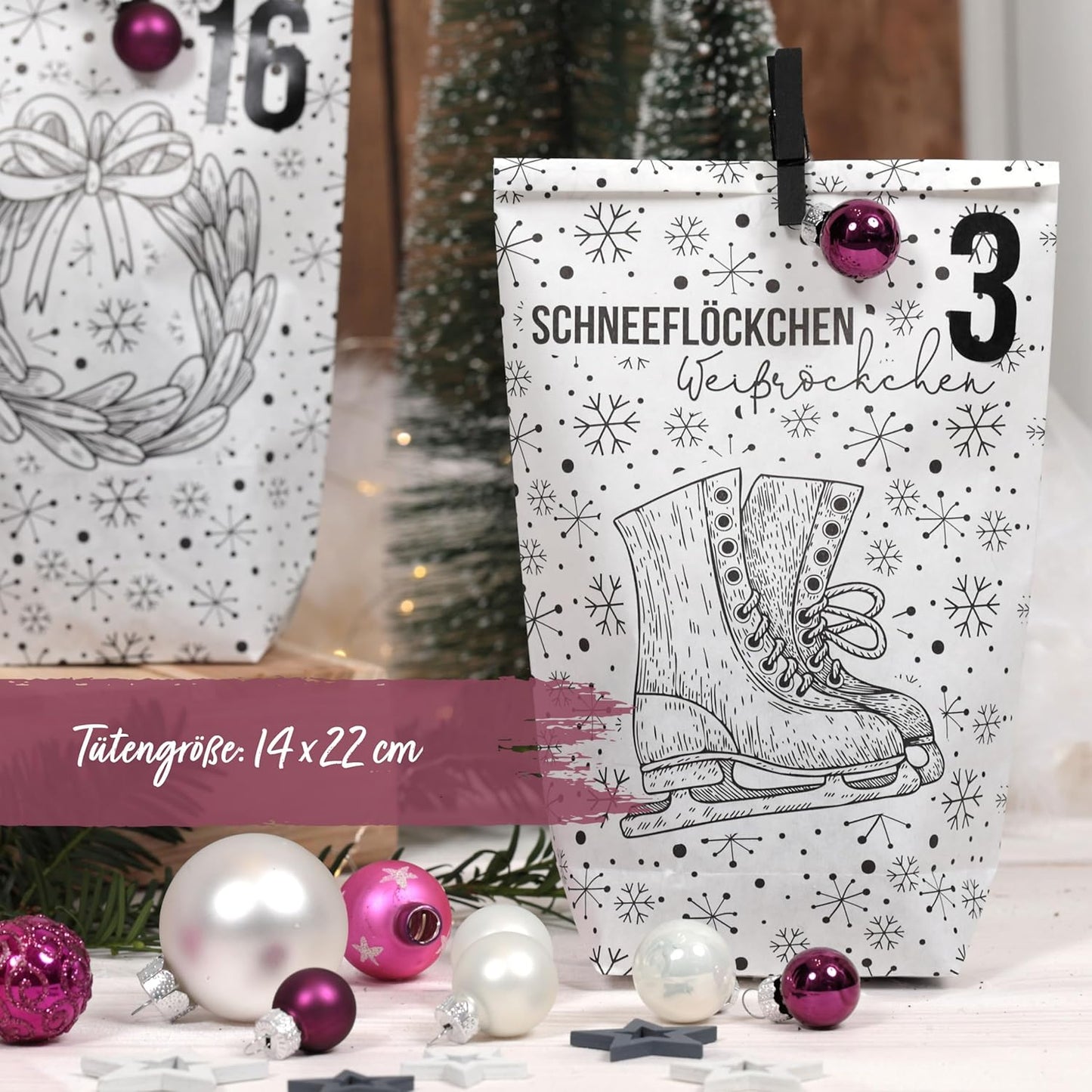 Adventskalender zum Befüllen mit 24 Tüten und Zahlenaufklebern, Weiss Schwarz