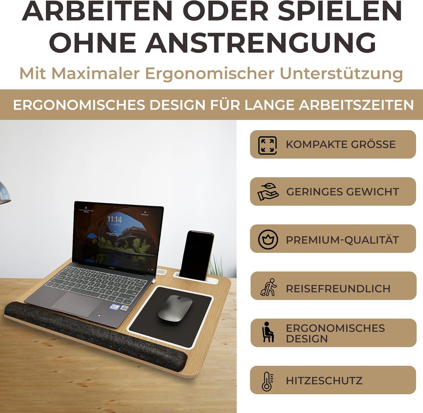 Knietablett mit Kissen & Handyhalter für Laptops, Schwarz
