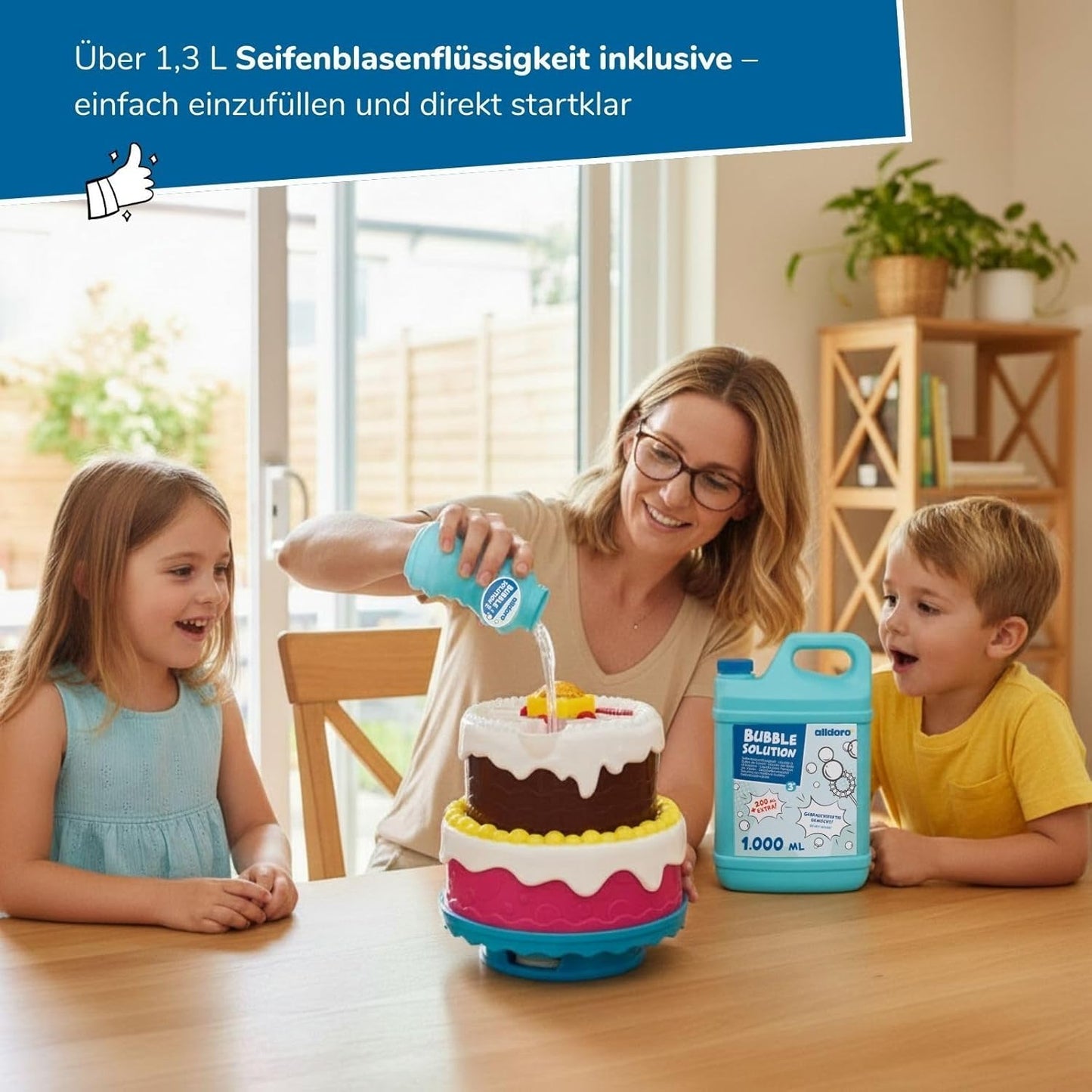 Seifenblasenmaschine mit Nachfüllflasche, Seifenblasenmaschine Torte + Nachfüllkanister