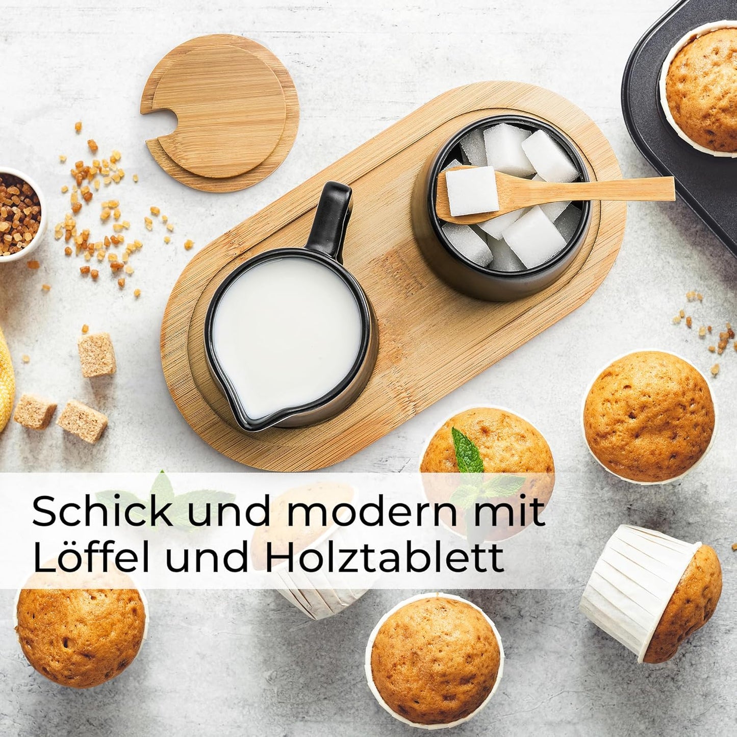 Milch- und Zucker-Set mit Holztablett, Schwarz