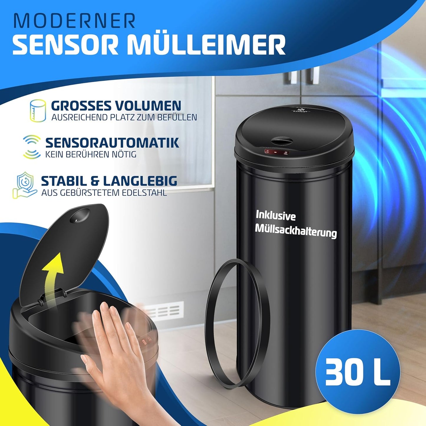 Abfalleimer mit Sensorautomatik, 30 Liter Schwarz