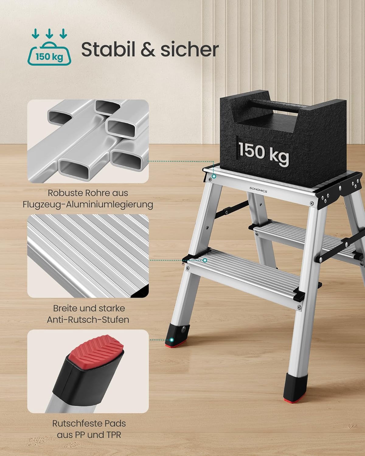 Klappbare Aluleiter mit 2 Stufen, bis 150 kg belastbar, 2 Stufen (45T x 35.5B x 38H cm)